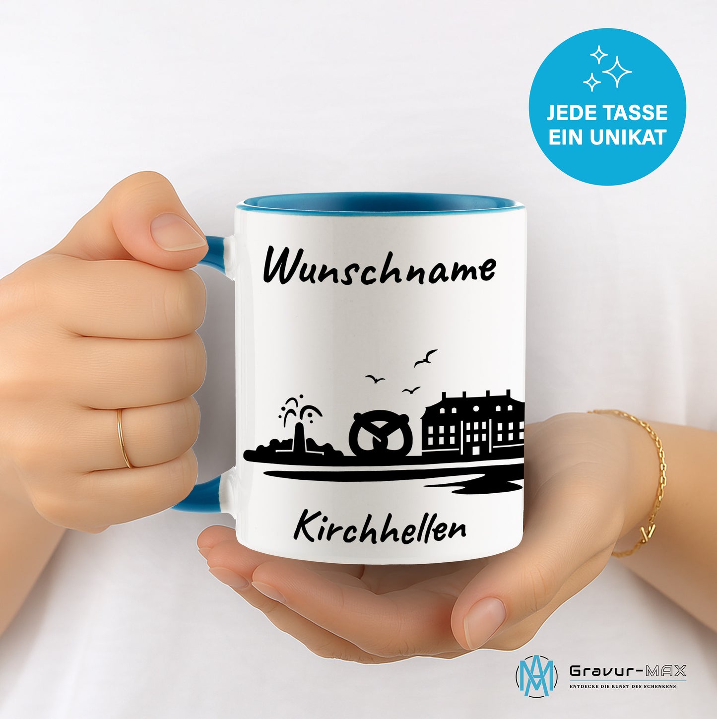 Tasse in Hellblau 330ml bedruckt mit der Skyline von Kirchhellen personalisierbar mit Wunschname
