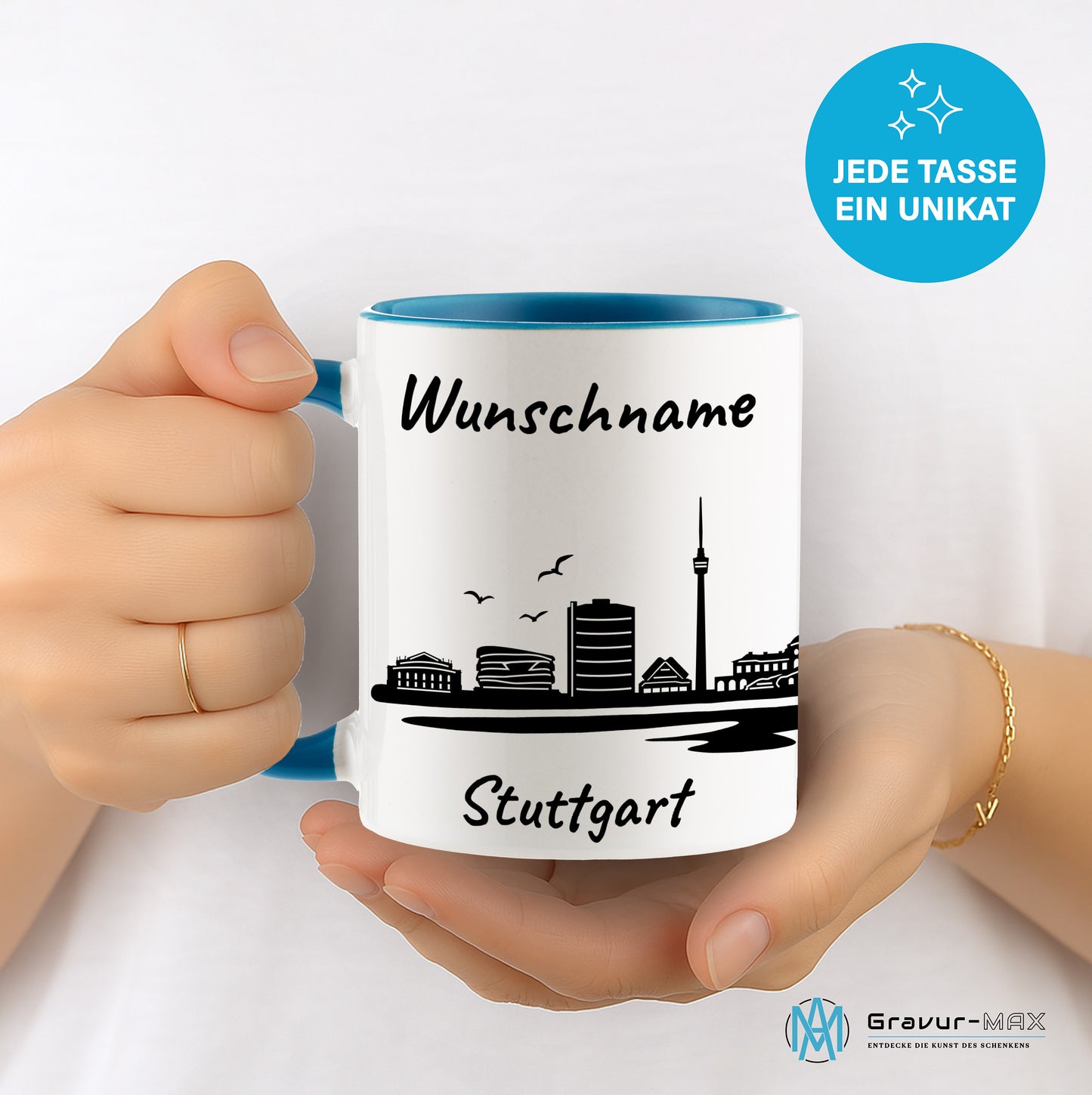 Tasse in Hellblau 330ml bedruckt mit der Skyline von Stuttgart personalisierbar mit Wunschname