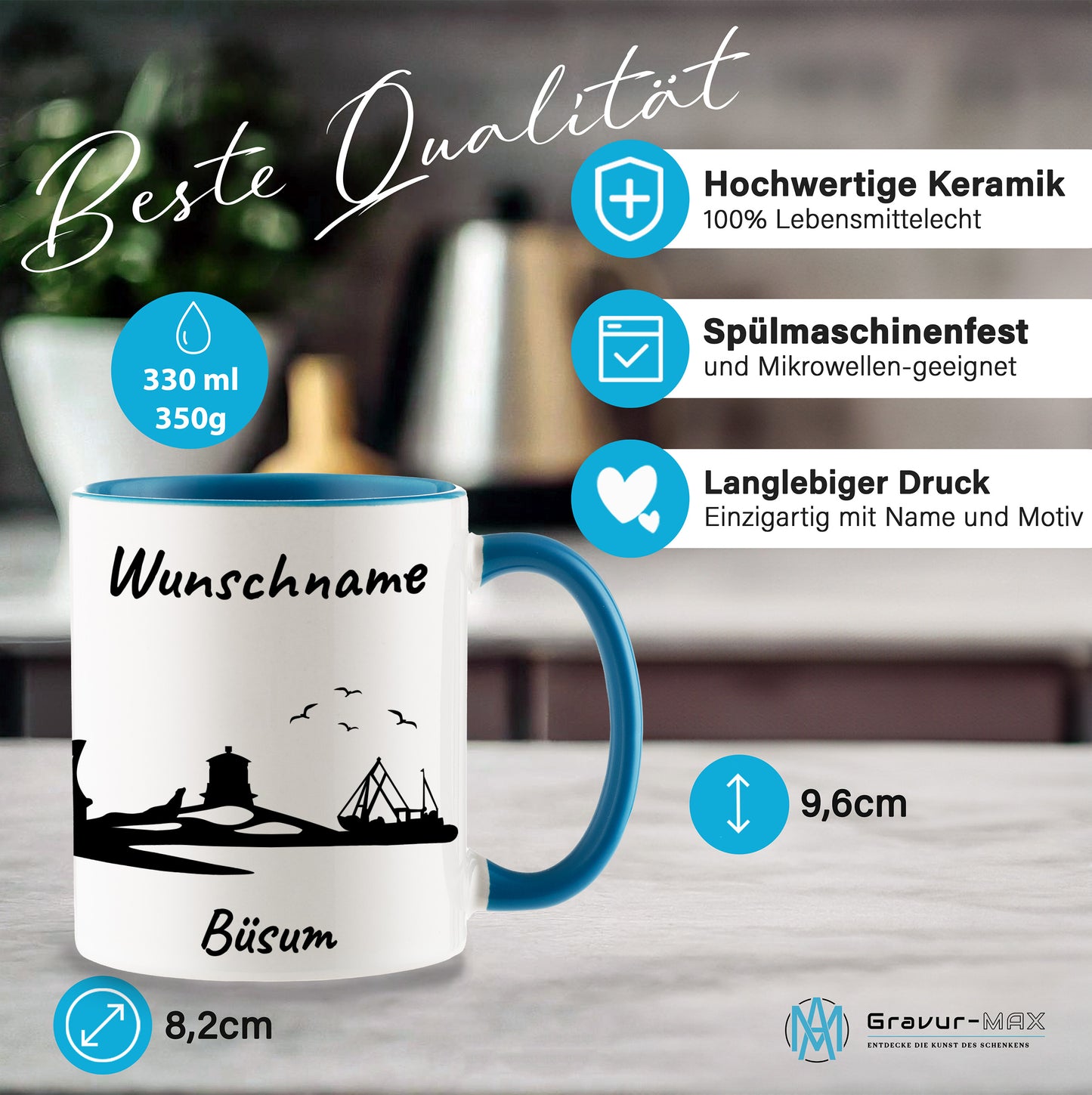 Tasse in Hellblau 330ml bedruckt mit der Skyline von Büsum personalisierbar mit Wunschname