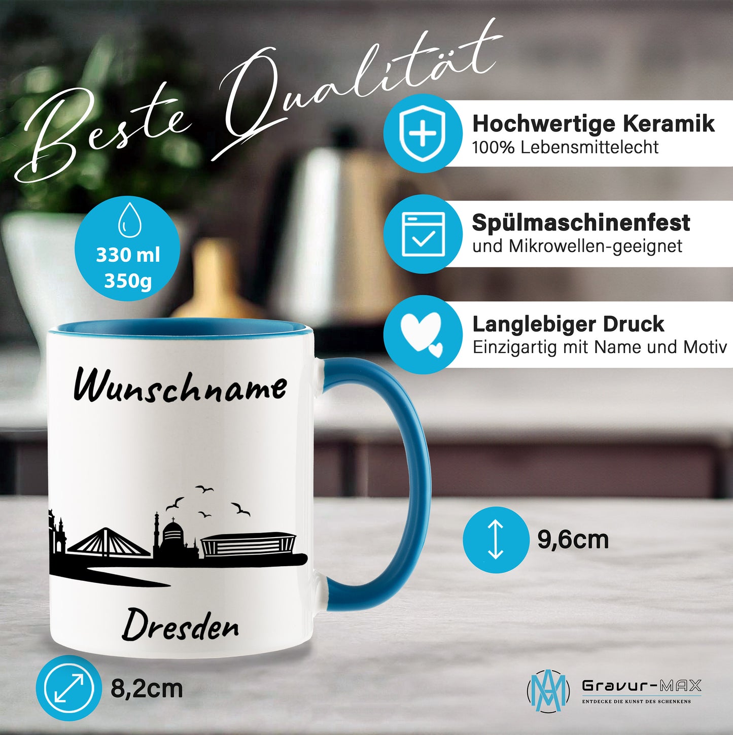 Tasse in Hellblau 330ml bedruckt mit der Skyline von Dresden personalisierbar mit Wunschname