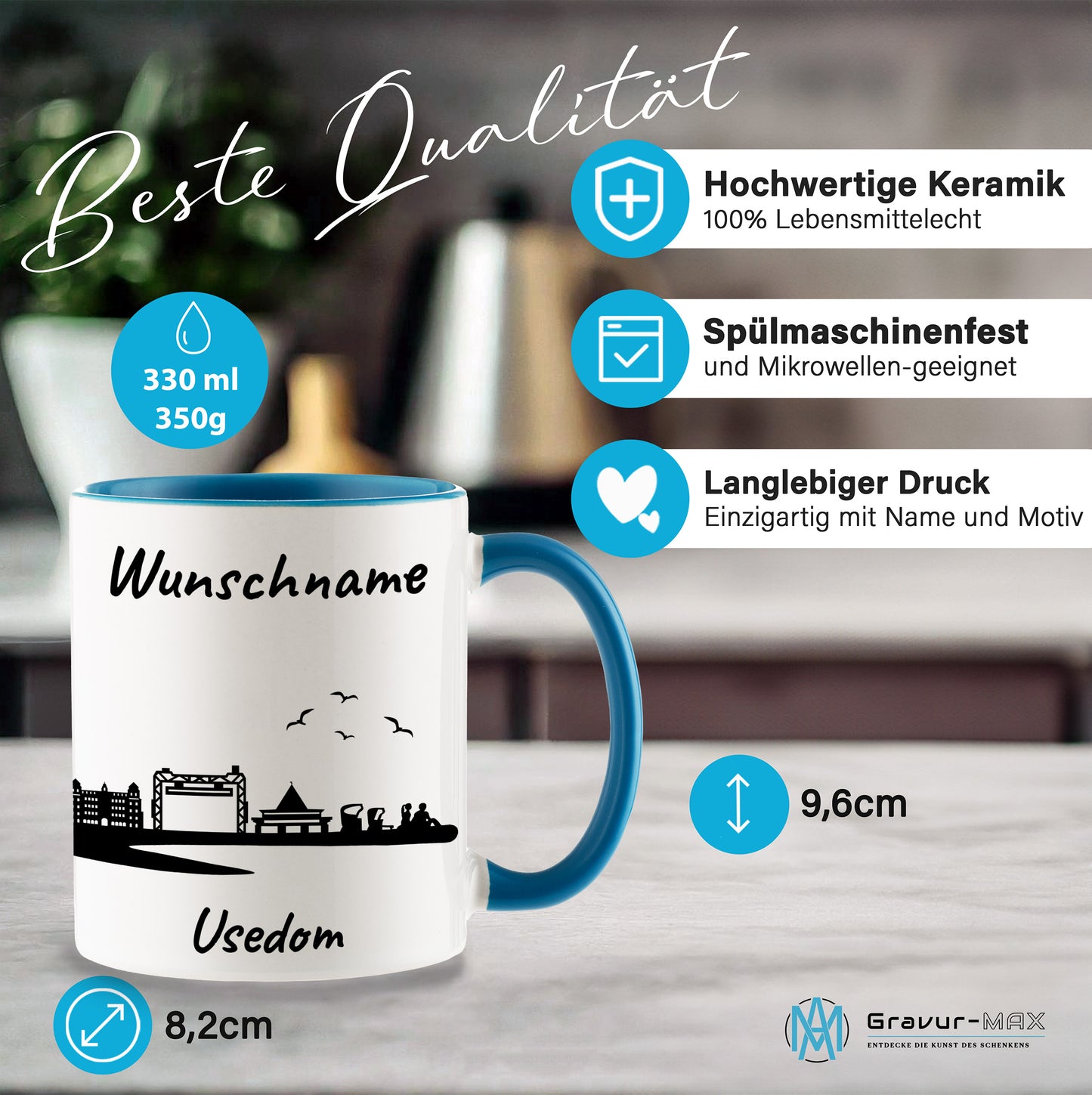 Tasse in Hellblau 330ml bedruckt mit der Skyline von Usedom personalisierbar mit Wunschname