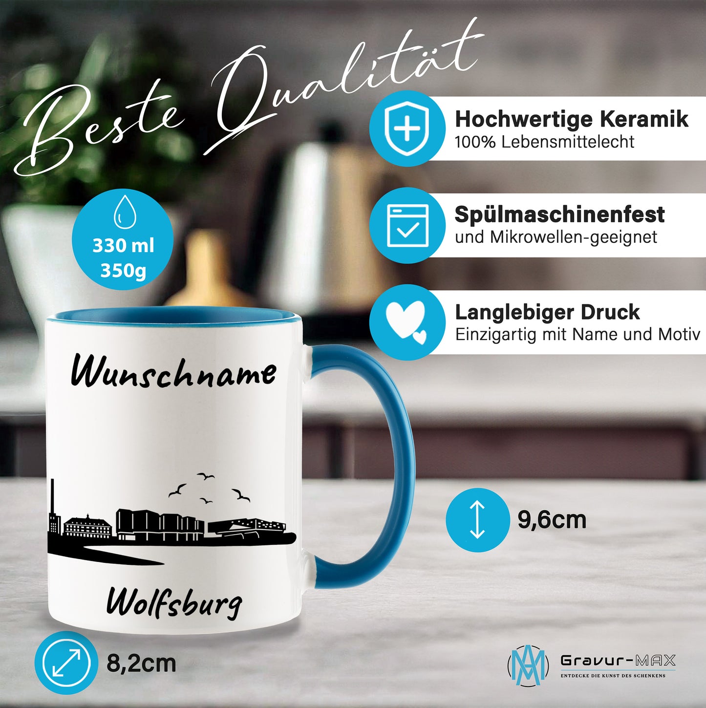 Tasse in Hellblau 330ml bedruckt mit der Skyline von Wolfsburg personalisierbar mit Wunschname