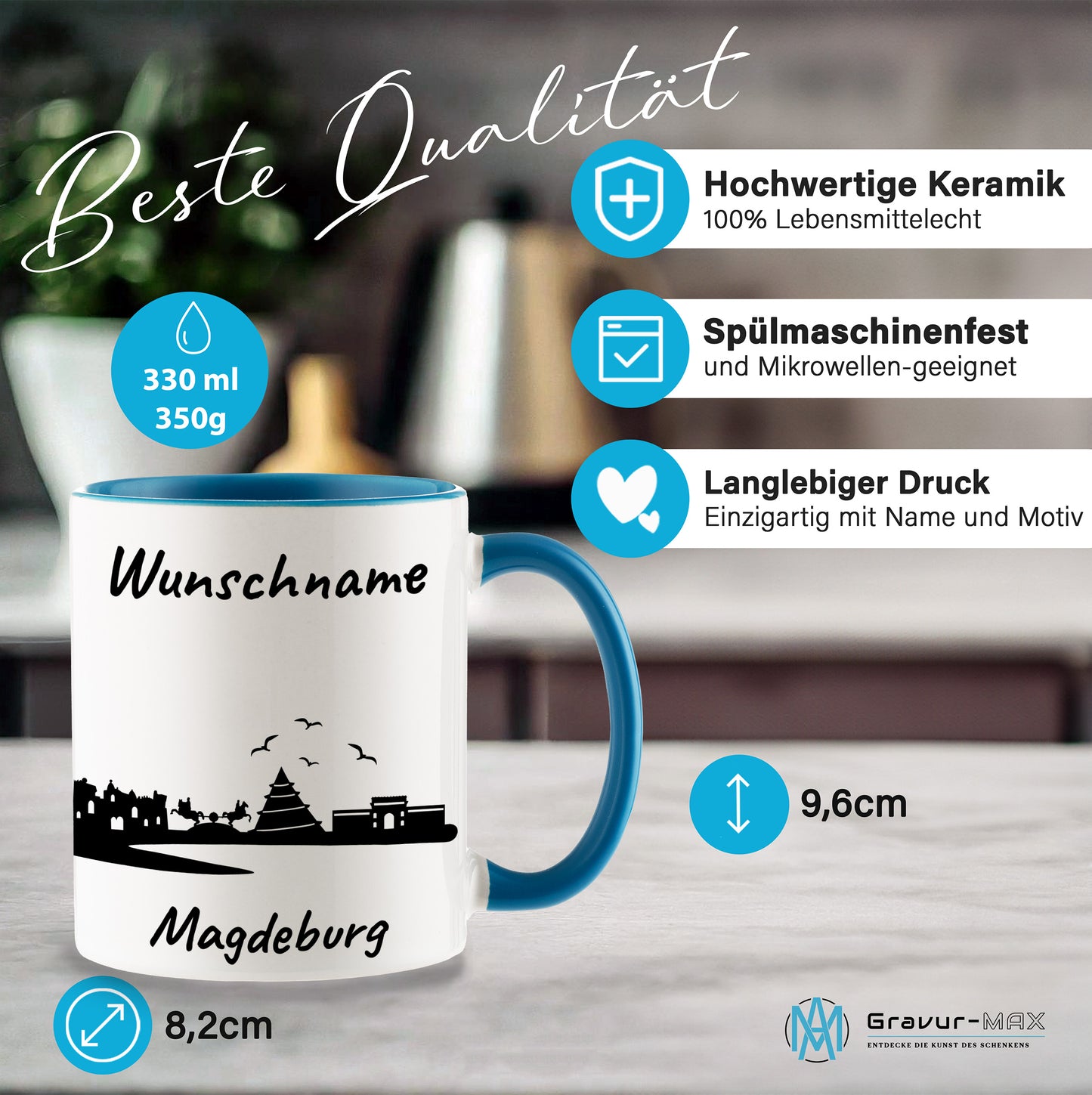 Tasse in Hellblau 330ml bedruckt mit der Skyline von Magdeburg personalisierbar mit Wunschname