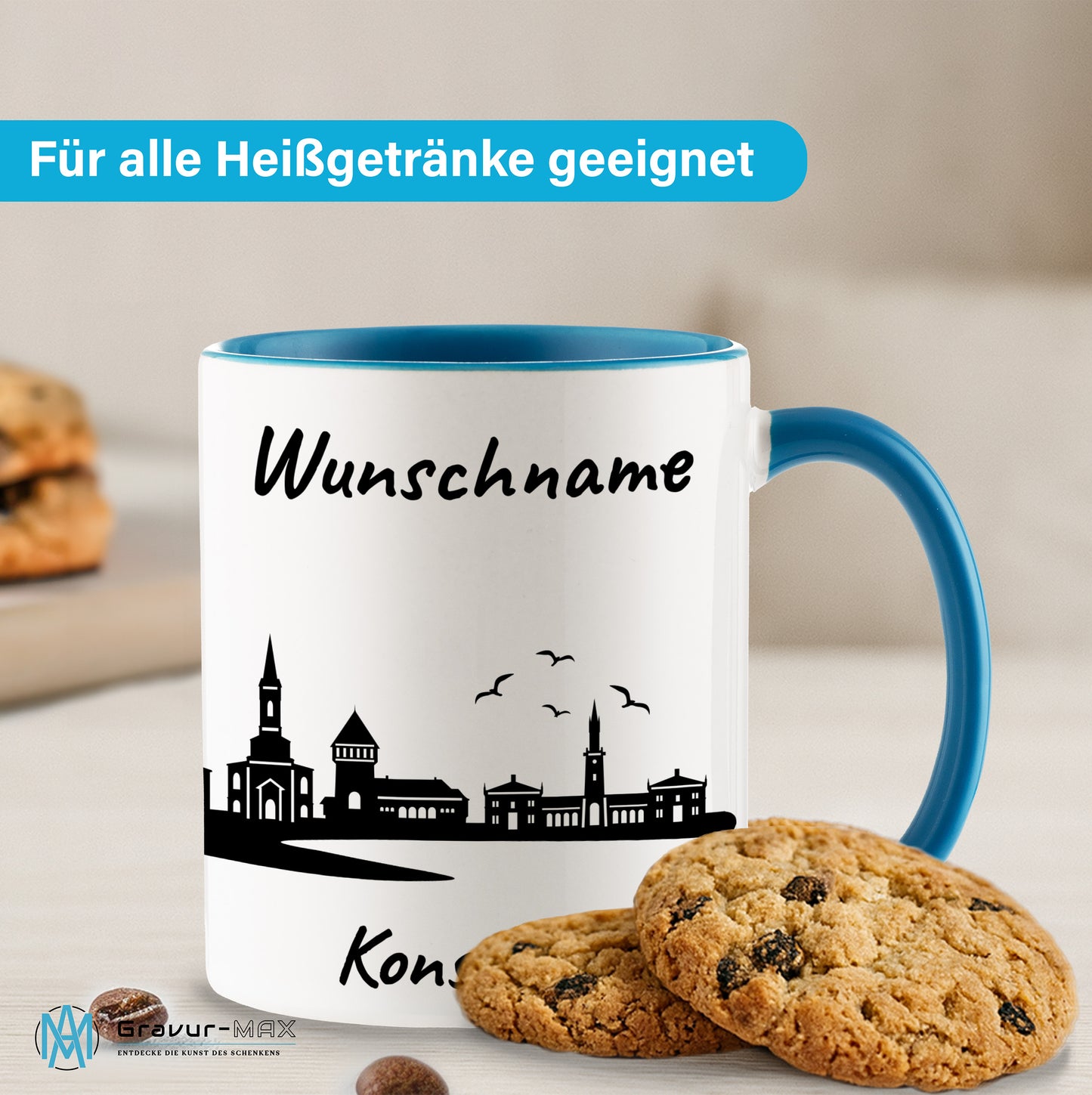 Tasse in Hellblau 330ml bedruckt mit der Skyline von Konstanz personalisierbar mit Wunschname