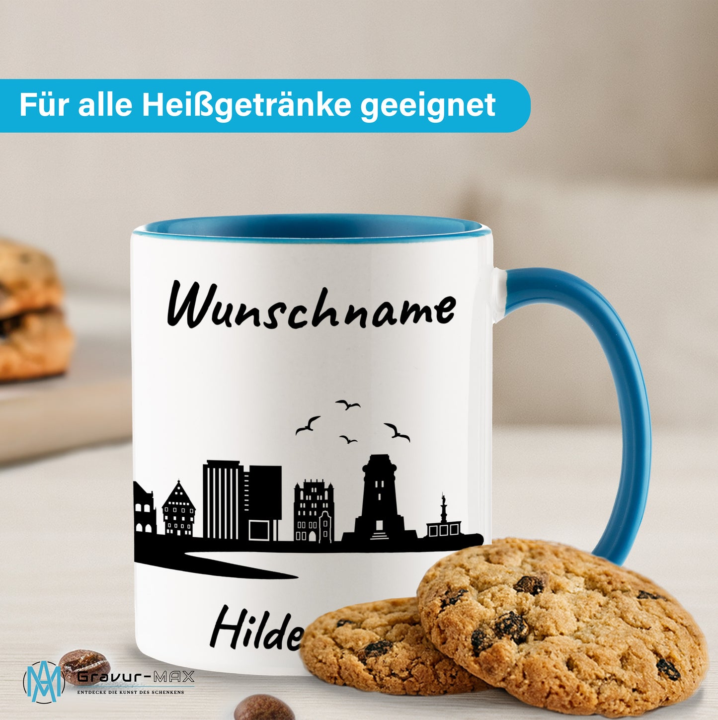 Tasse in Hellblau 330ml bedruckt mit der Skyline von Hildesheim personalisierbar mit Wunschname