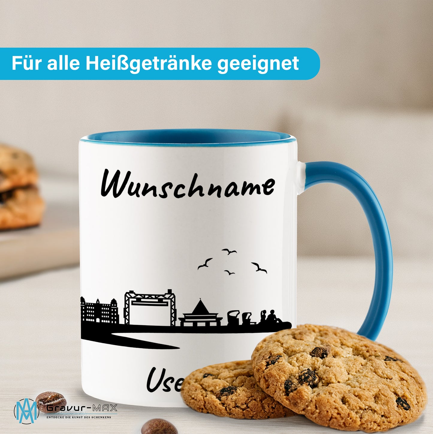 Tasse in Hellblau 330ml bedruckt mit der Skyline von Usedom personalisierbar mit Wunschname