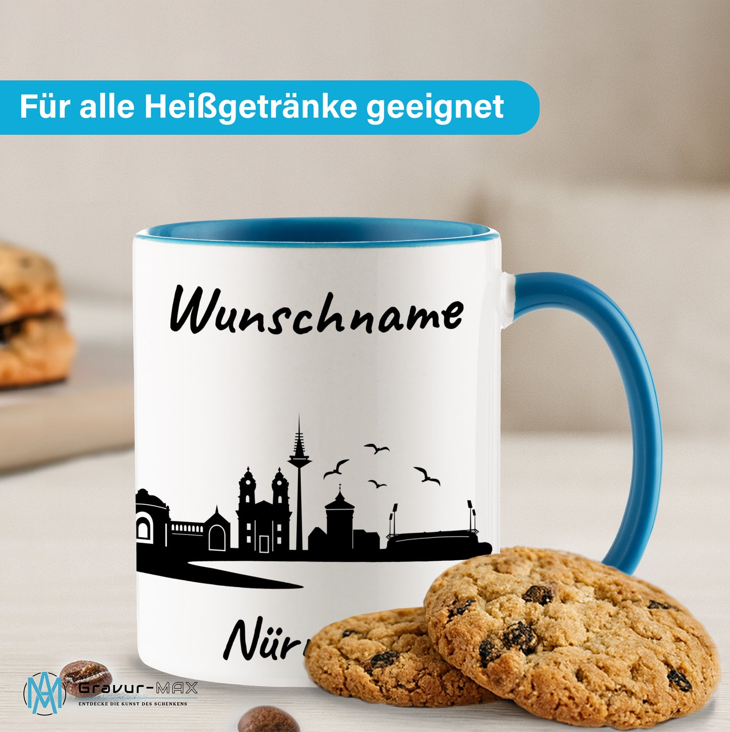 Tasse in Hellblau 330ml bedruckt mit der Skyline von Nürnberg personalisierbar mit Wunschname