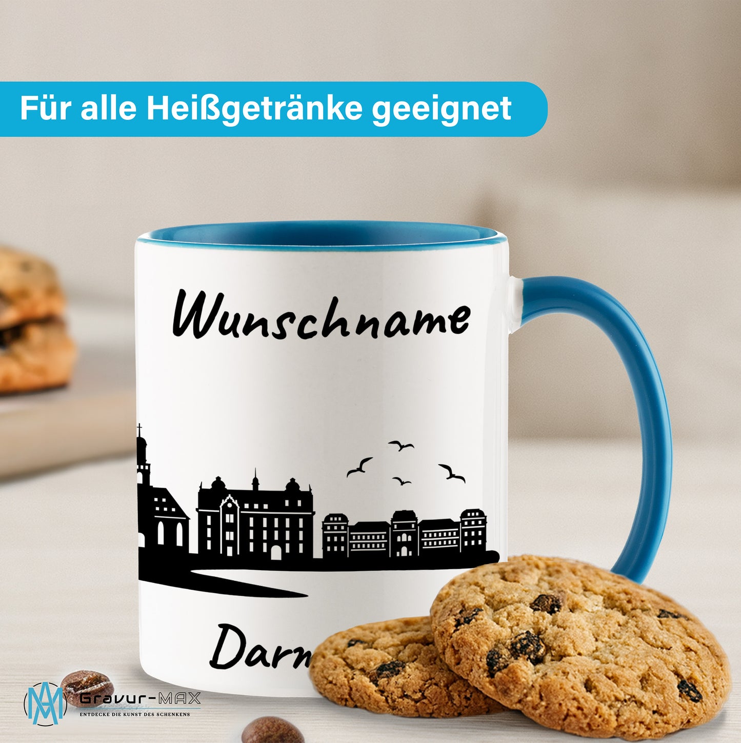 Tasse in Hellblau 330ml bedruckt mit der Skyline von Darmstadt personalisierbar mit Wunschname