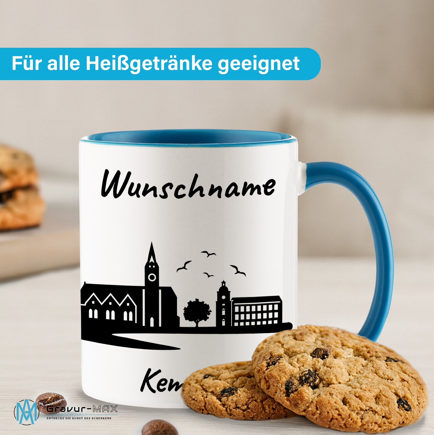 Tasse in Hellblau 330ml bedruckt mit der Skyline von Kempten personalisierbar mit Wunschname