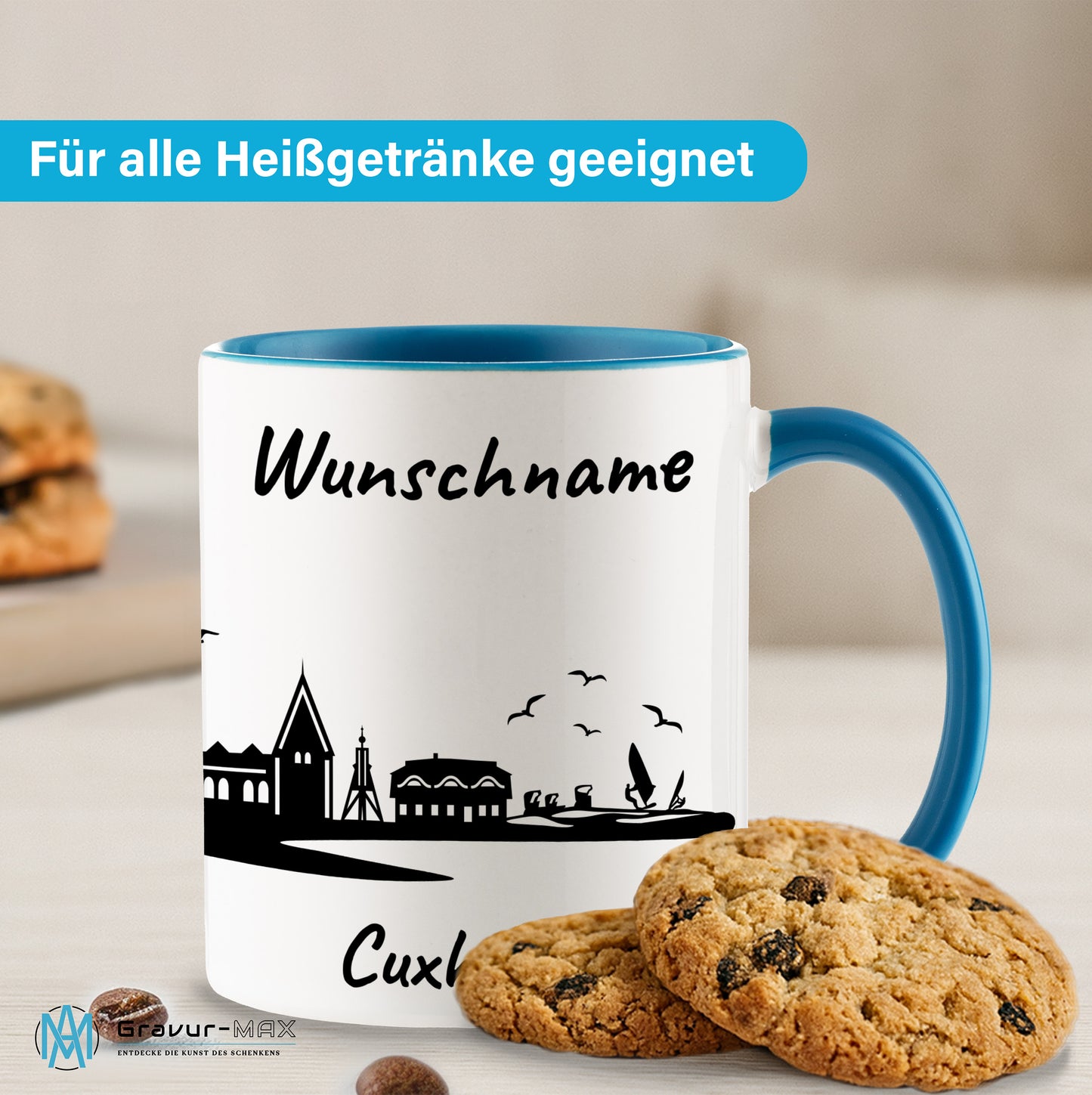 Tasse in Hellblau 330ml bedruckt mit der Skyline von Cuxhaven personalisierbar mit Wunschname