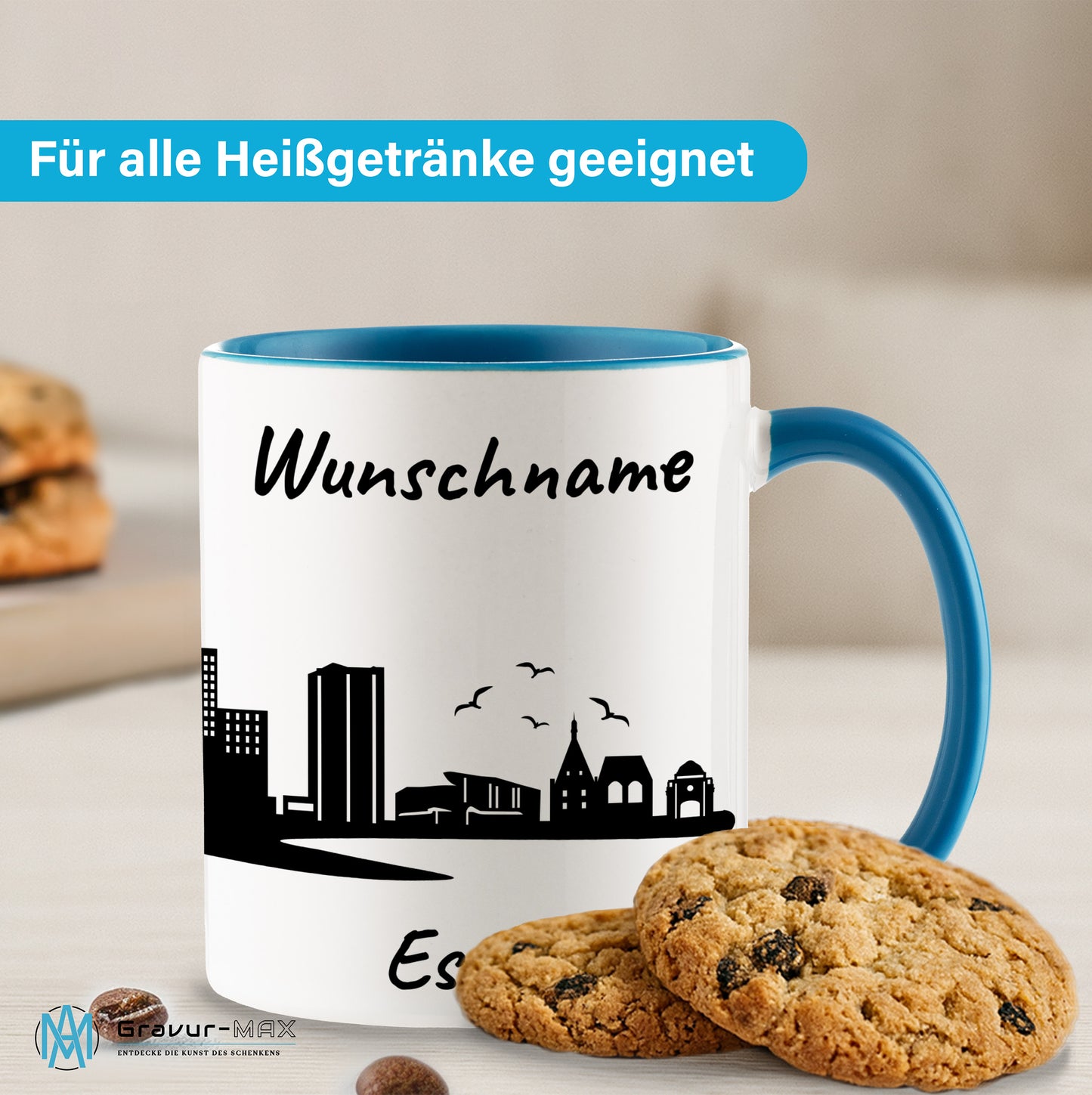 Tasse in Hellblau 330ml bedruckt mit der Skyline von Essen personalisierbar mit Wunschname