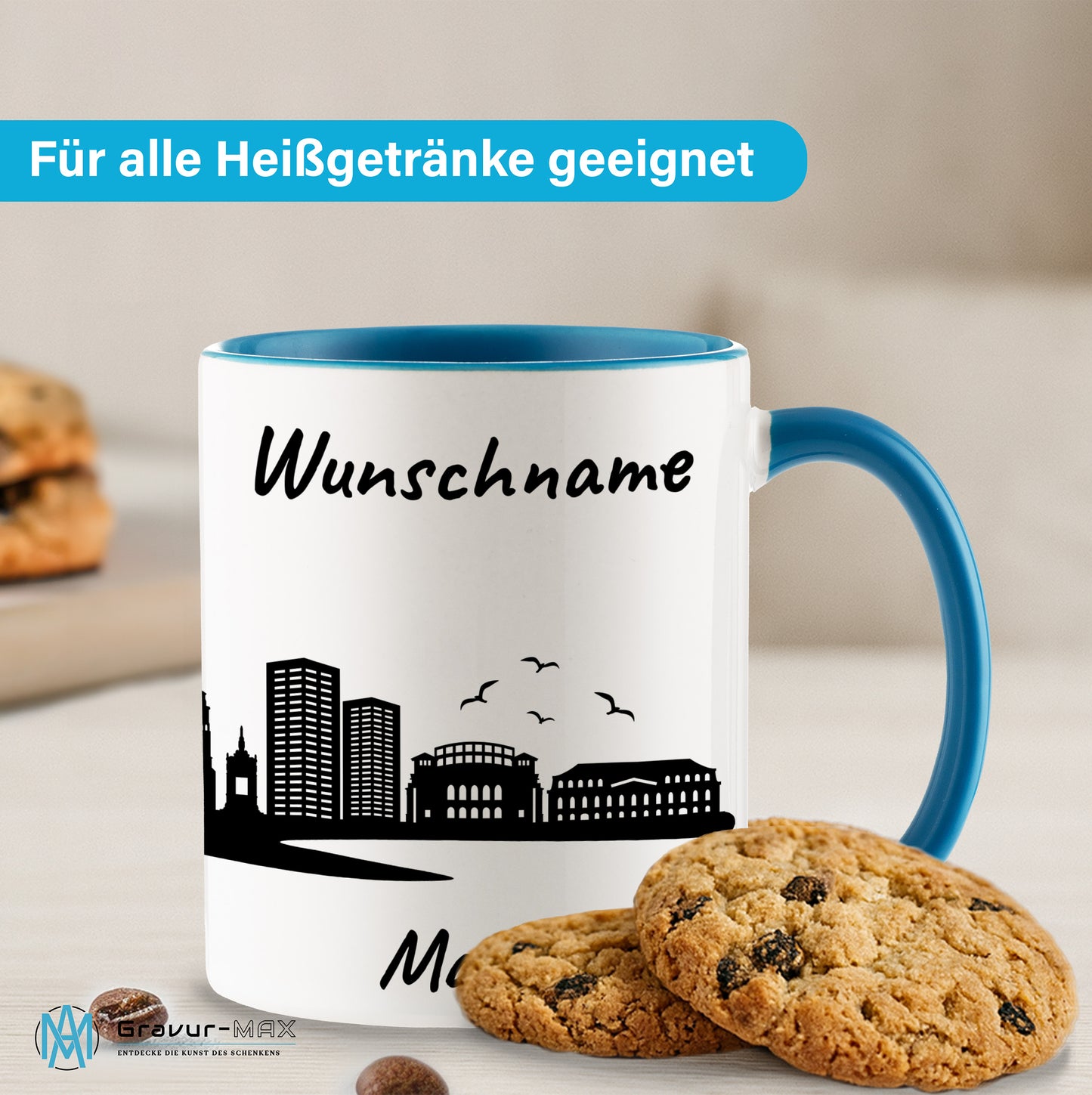 Tasse in Hellblau 330ml bedruckt mit der Skyline von Mainz personalisierbar mit Wunschname