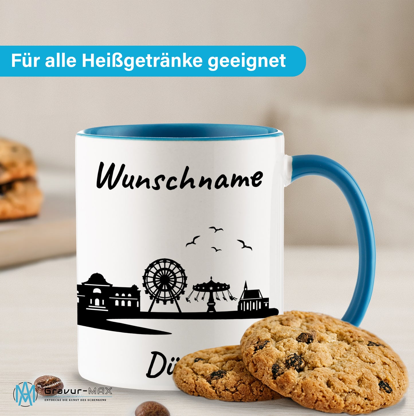 Tasse in Hellblau 330ml bedruckt mit der Skyline von Düren personalisierbar mit Wunschname
