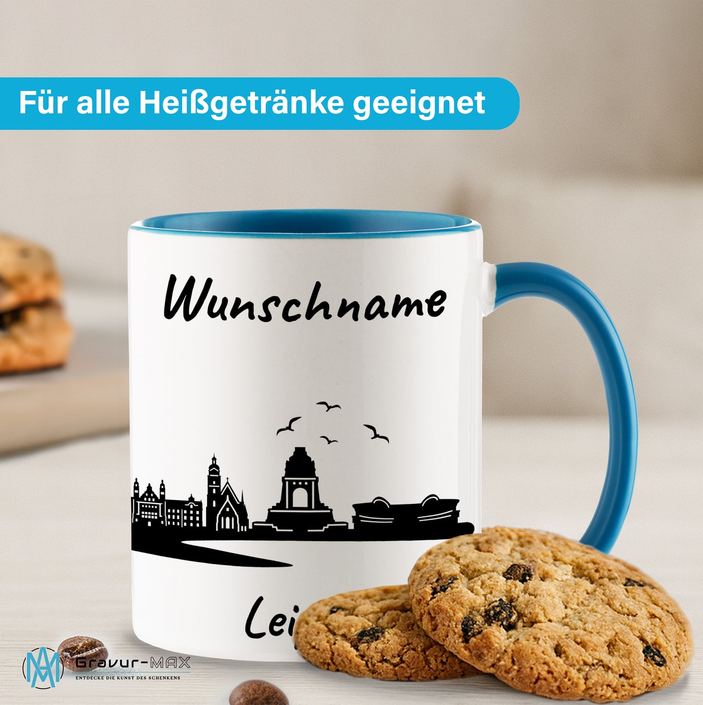 Tasse in Hellblau 330ml bedruckt mit der Skyline von Leipzig personalisierbar mit Wunschname