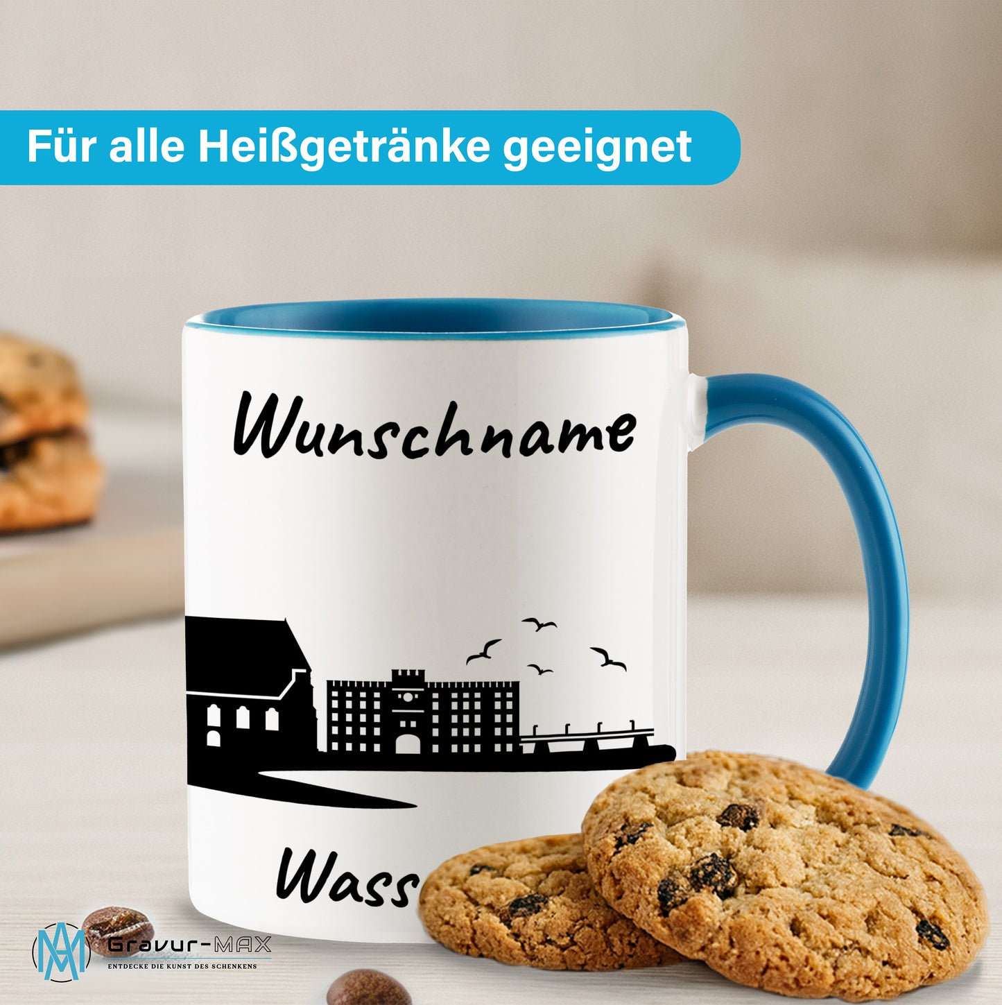 Tasse in Hellblau 330ml bedruckt mit der Skyline von Wasserburg personalisierbar mit Wunschname