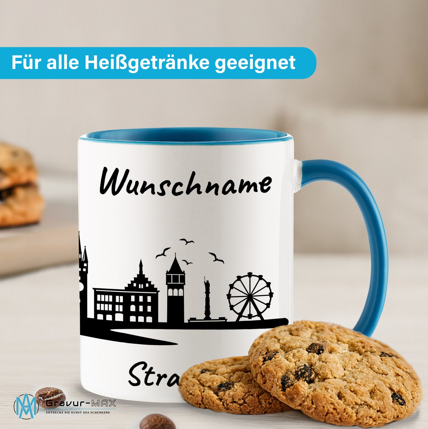 Tasse in Hellblau 330ml bedruckt mit der Skyline von Straubing personalisierbar mit Wunschname