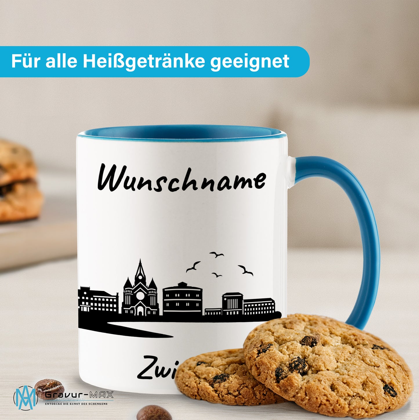 Tasse in Hellblau 330ml bedruckt mit der Skyline von Zwickau personalisierbar mit Wunschname