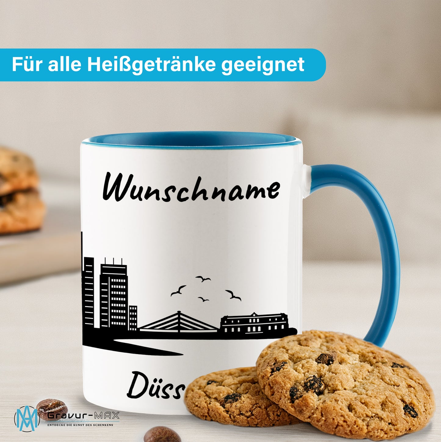 Tasse in Hellblau 330ml bedruckt mit der Skyline von Düsseldorf personalisierbar mit Wunschname