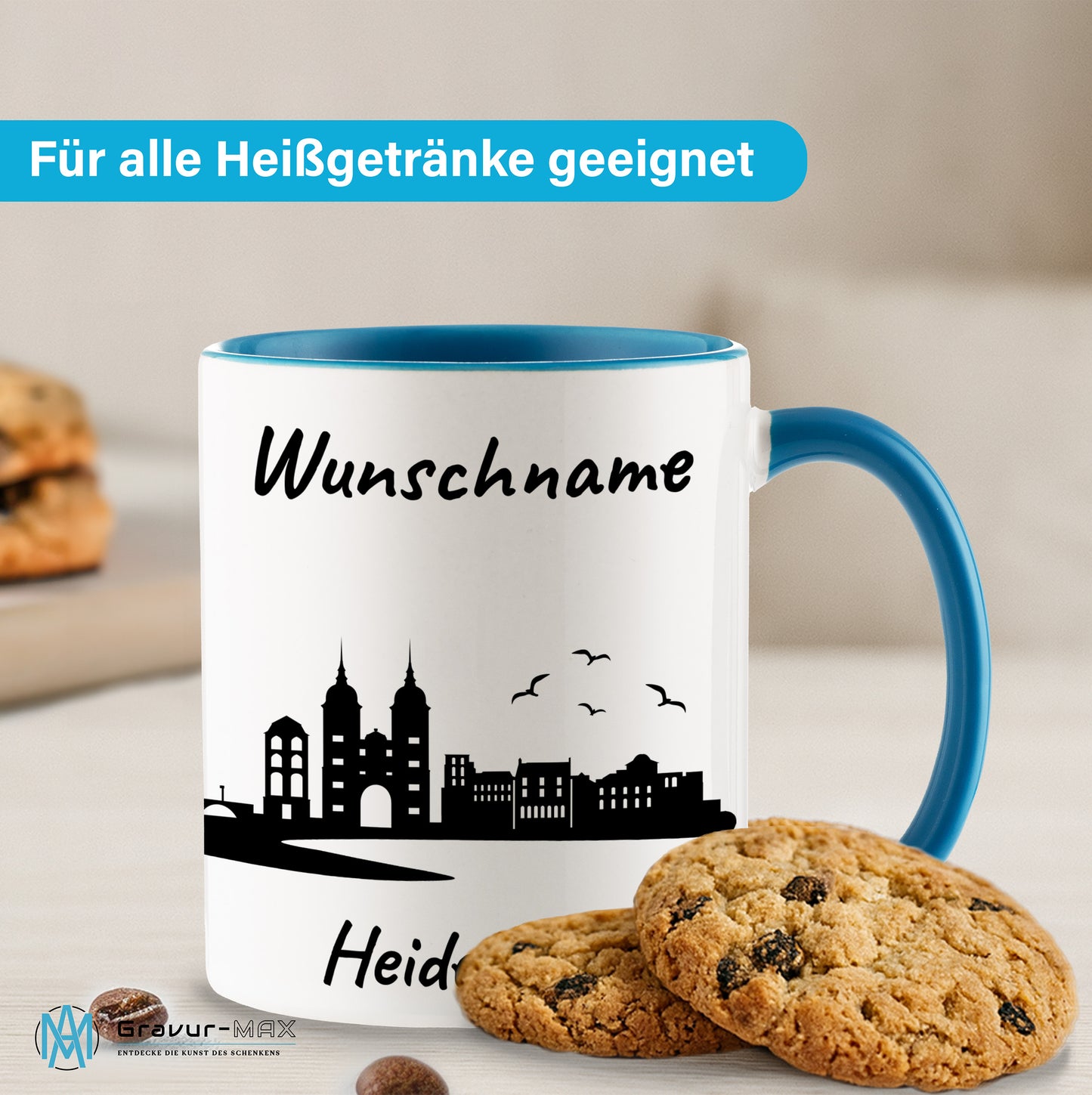 Tasse in Hellblau 330ml bedruckt mit der Skyline von Heidelberg personalisierbar mit Wunschname