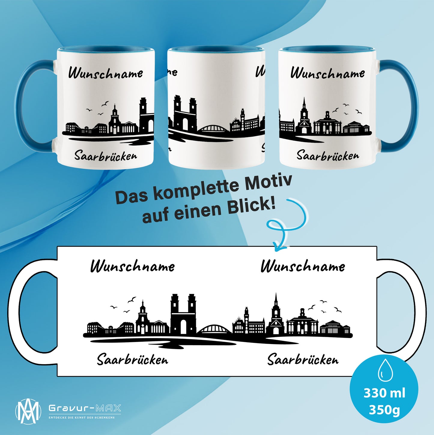 Tasse in Hellblau 330ml bedruckt mit der Skyline von Saarbrücken personalisierbar mit Wunschname