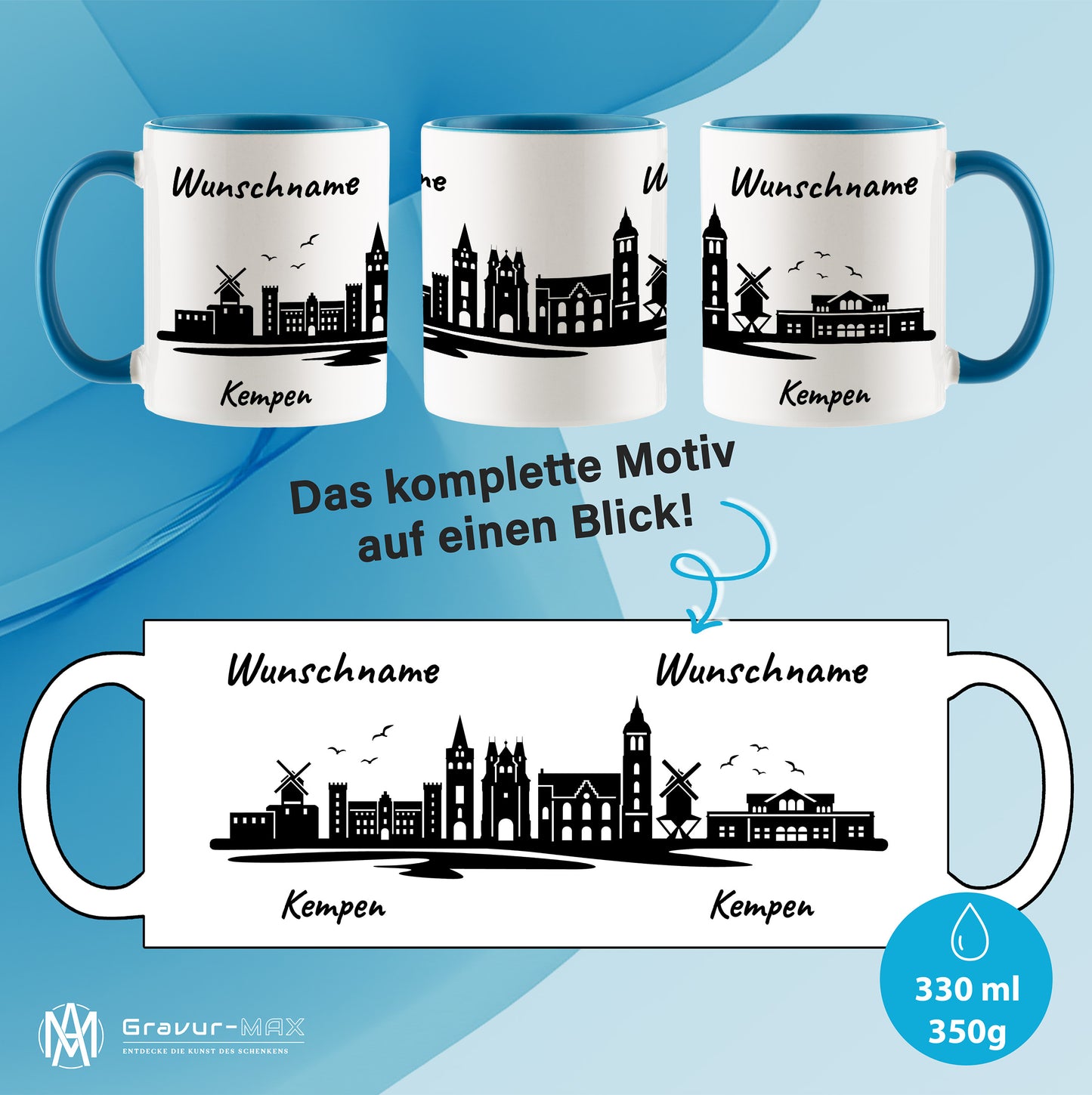 Tasse in Hellblau 330ml bedruckt mit der Skyline von Kempen personalisierbar mit Wunschname