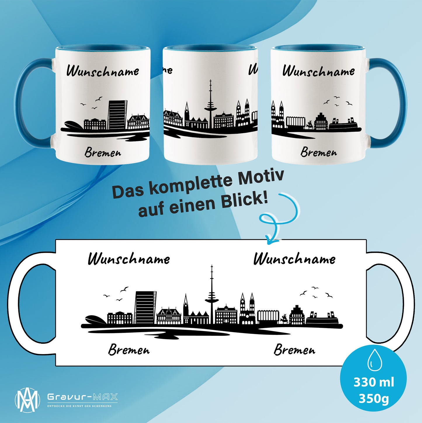 Tasse in Hellblau 330ml bedruckt mit der Skyline von Bremen personalisierbar mit Wunschname