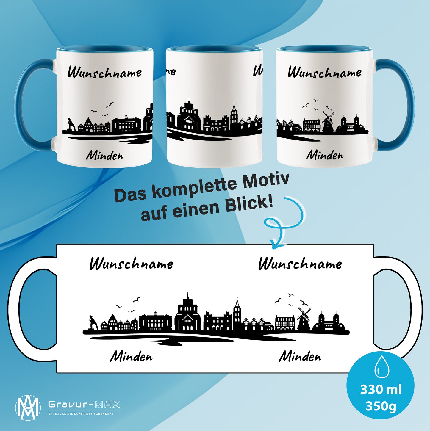 Tasse in Hellblau 330ml bedruckt mit der Skyline von Minden personalisierbar mit Wunschname