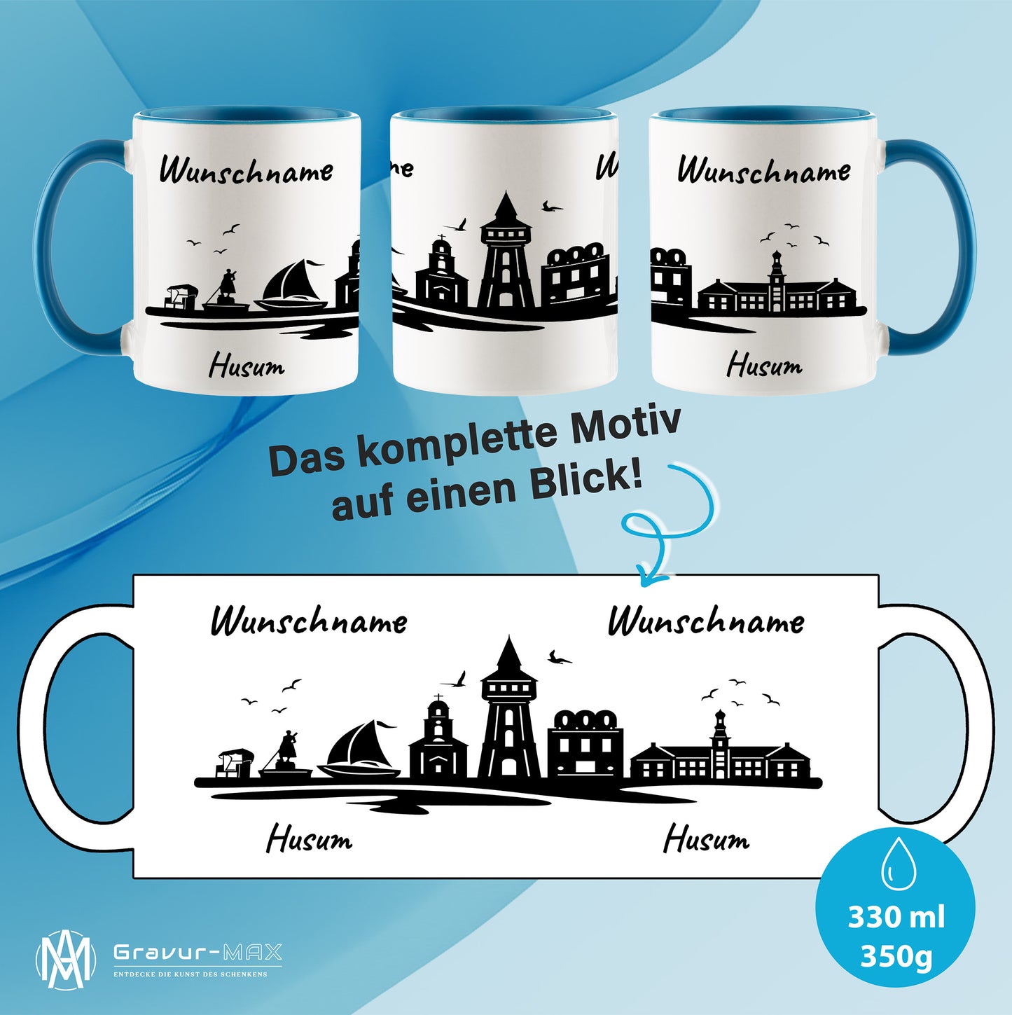 Tasse in Hellblau 330ml bedruckt mit der Skyline von Husum personalisierbar mit Wunschname