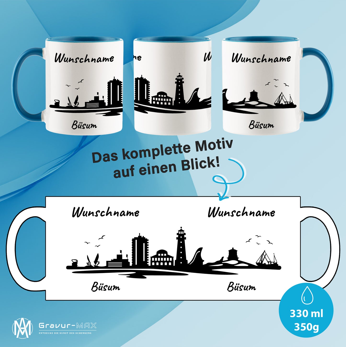 Tasse in Hellblau 330ml bedruckt mit der Skyline von Büsum personalisierbar mit Wunschname