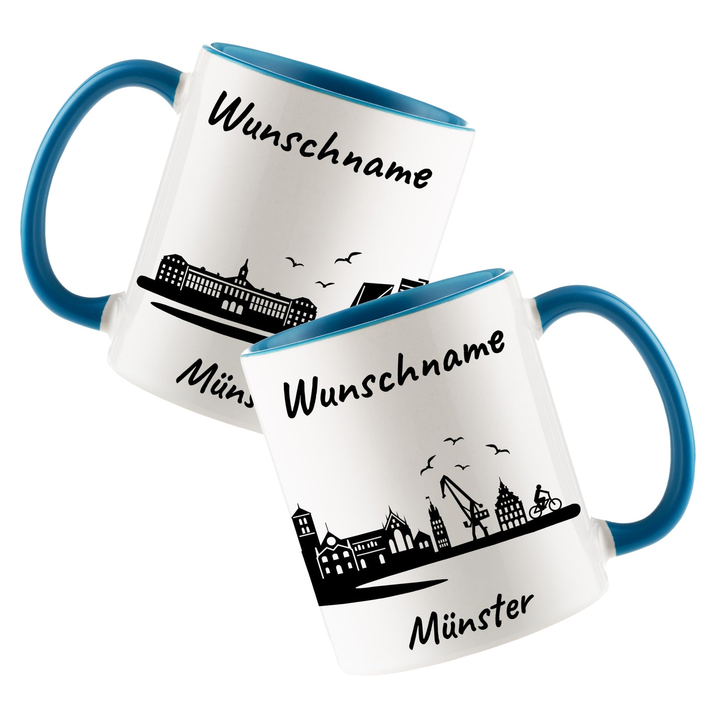 Tasse in Hellblau 330ml bedruckt mit der Skyline von Münster personalisierbar mit Wunschname