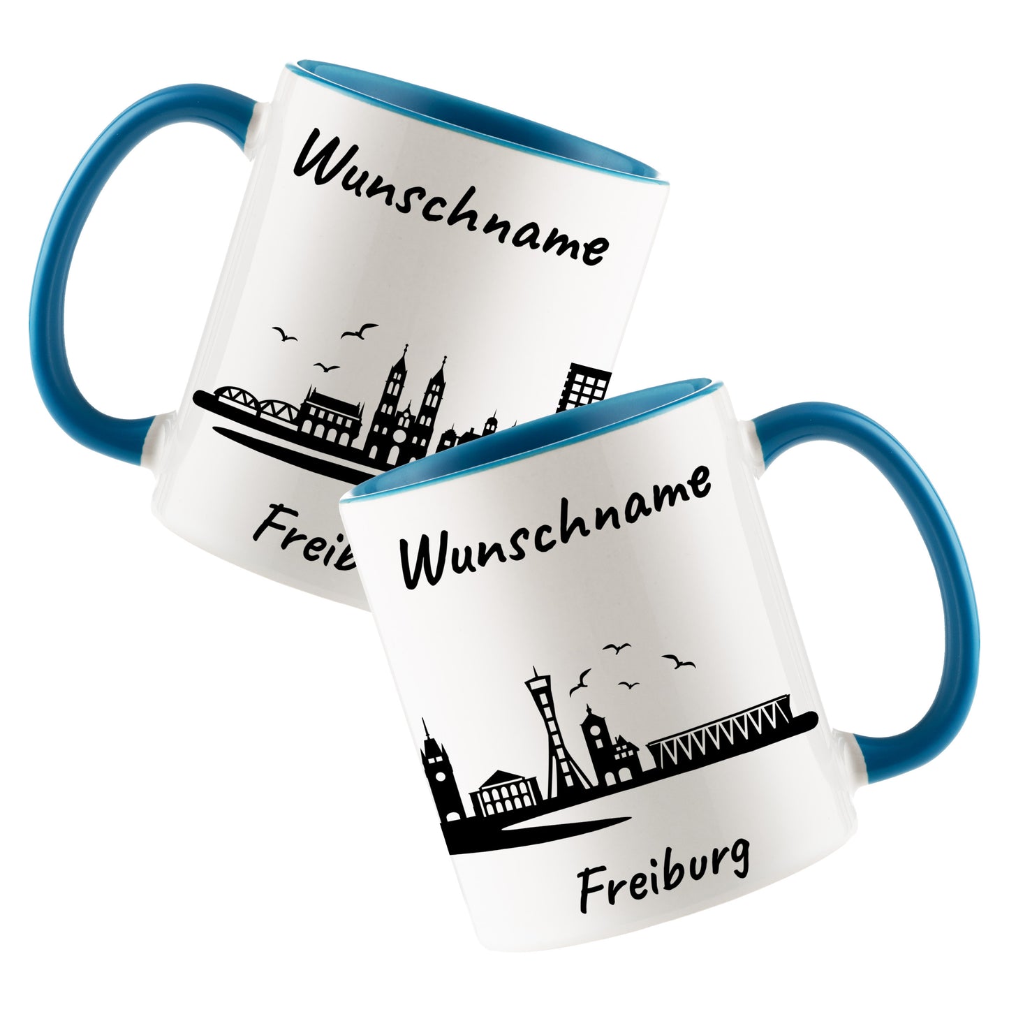 Tasse in Hellblau 330ml bedruckt mit der Skyline von Freiburg personalisierbar mit Wunschname