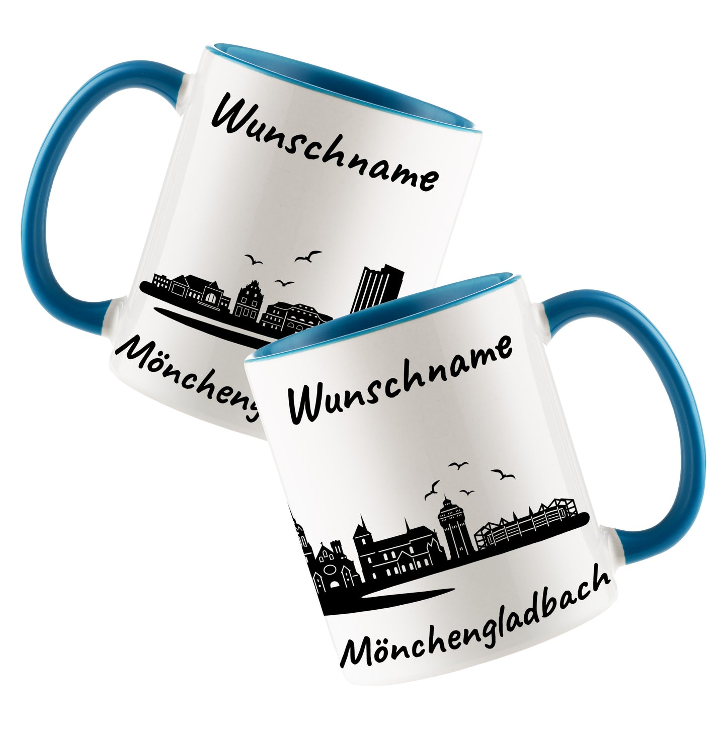 Tasse in Hellblau 330ml bedruckt mit der Skyline von Mönchengladbach personalisierbar mit Wunschname