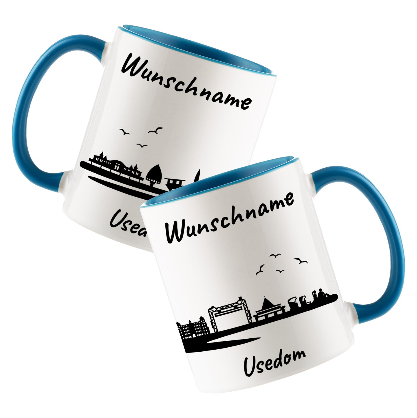 Tasse in Hellblau 330ml bedruckt mit der Skyline von Usedom personalisierbar mit Wunschname