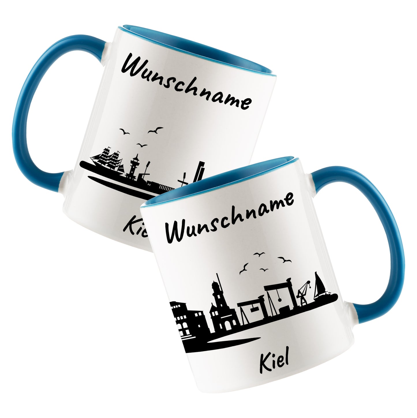 Tasse in Hellblau 330ml bedruckt mit der Skyline von Kiel personalisierbar mit Wunschname