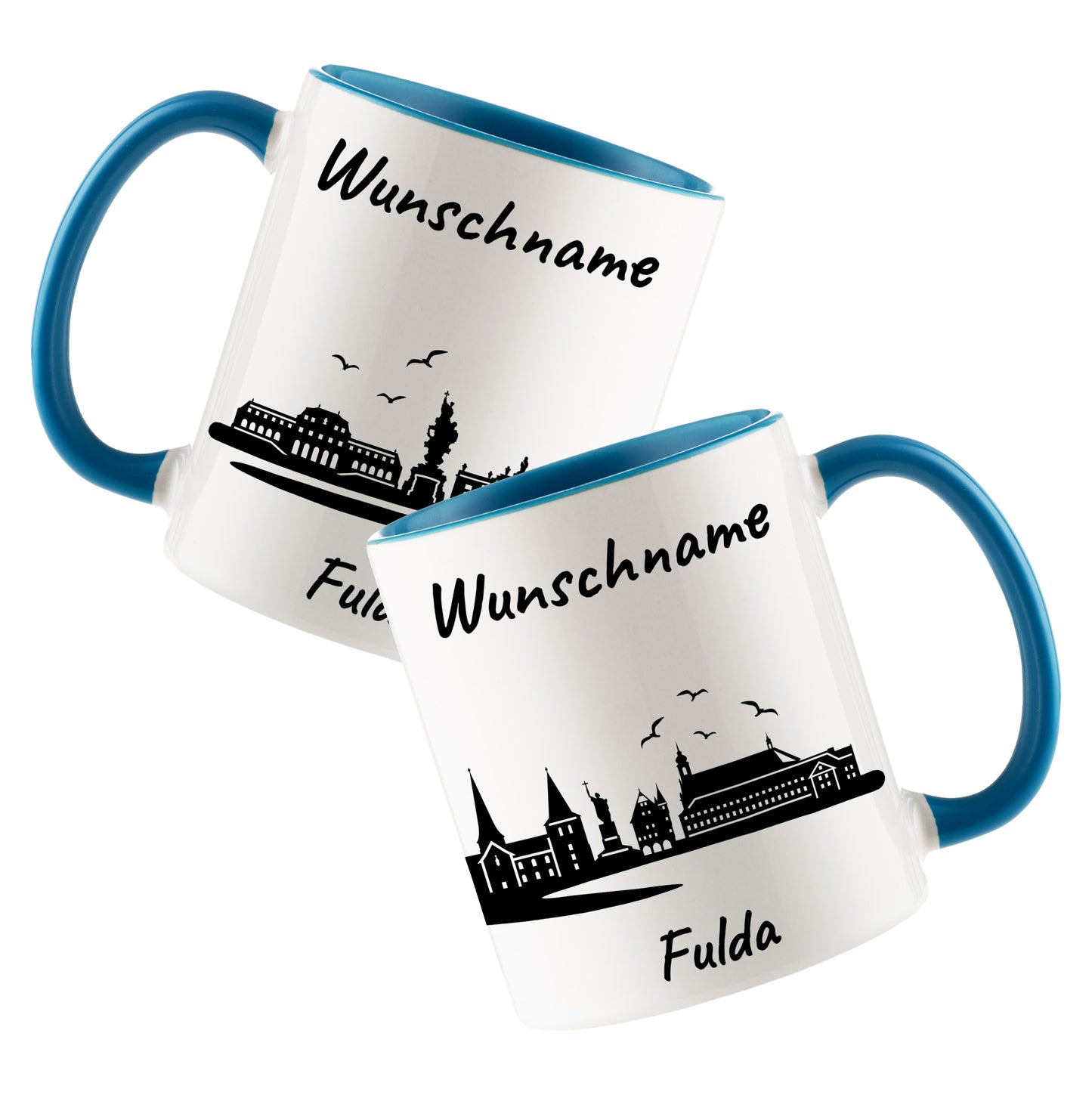 Tasse in Hellblau 330ml bedruckt mit der Skyline von Fulda personalisierbar mit Wunschname