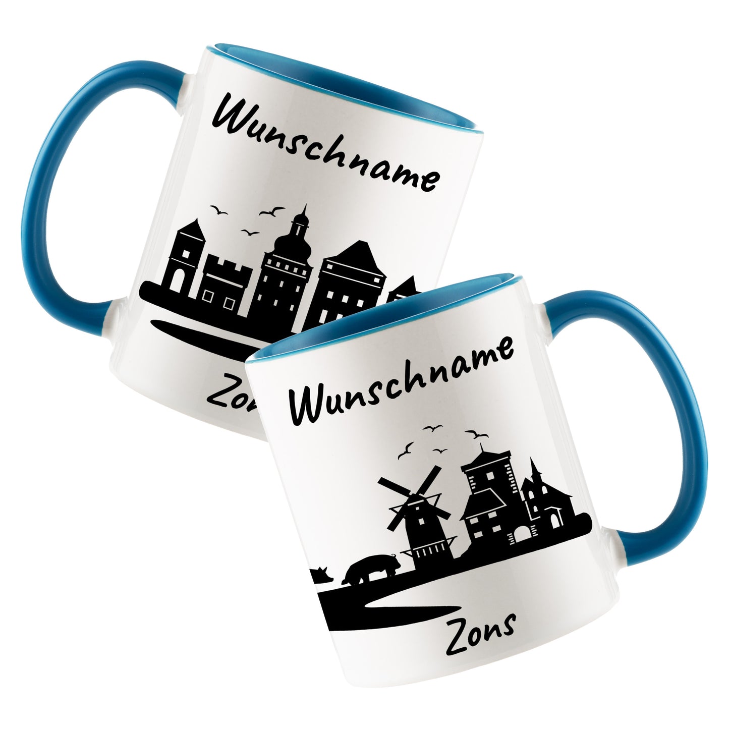 Tasse in Hellblau 330ml bedruckt mit der Skyline von Zons (Dormagen) personalisierbar mit Wunschname