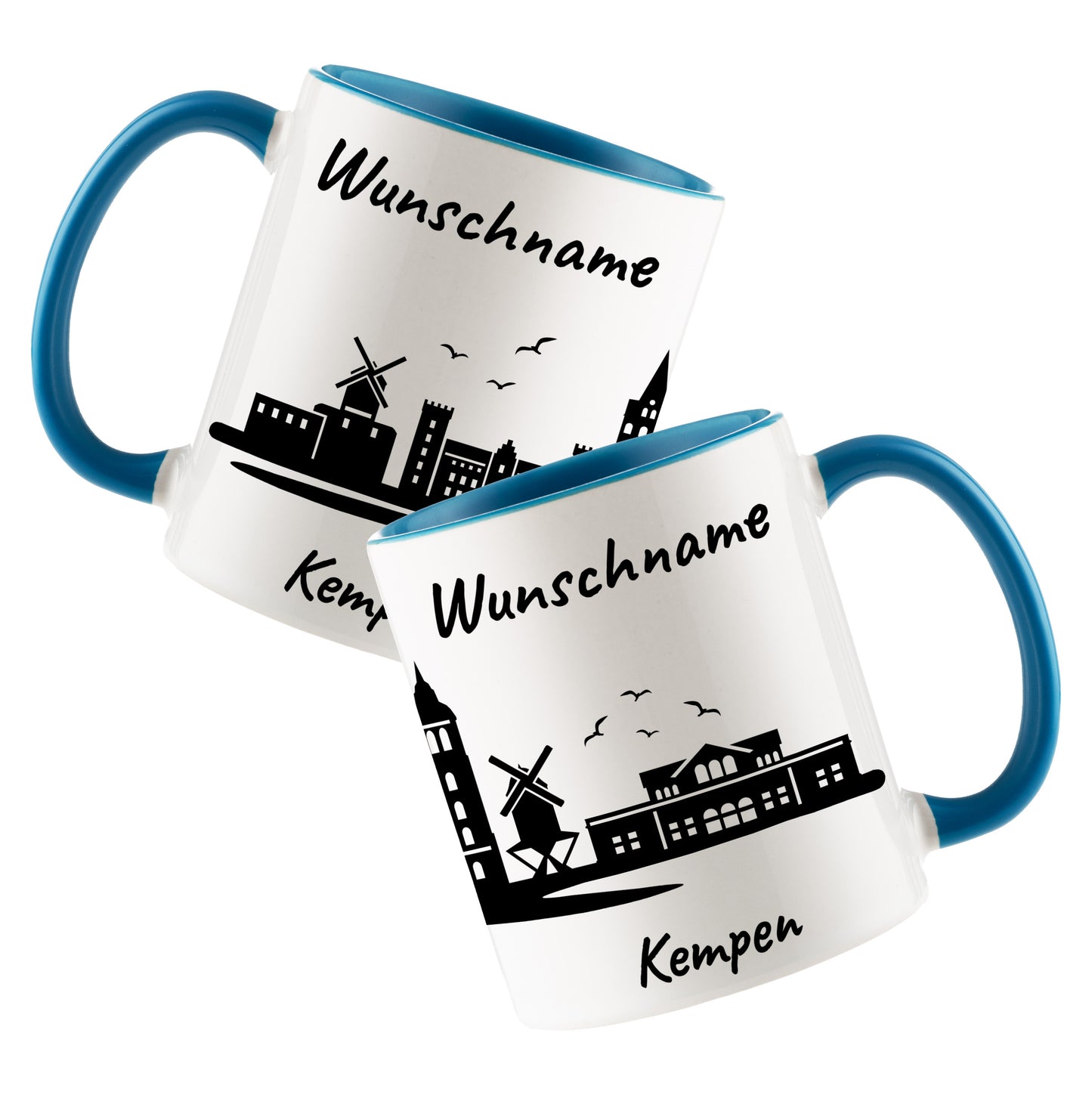 Tasse in Hellblau 330ml bedruckt mit der Skyline von Kempen personalisierbar mit Wunschname