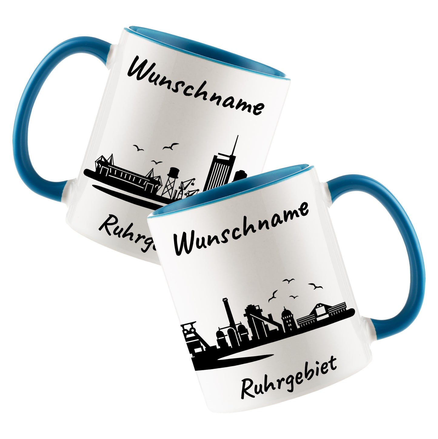 Tasse in Hellblau 330ml bedruckt mit der Skyline von Ruhrgebiet personalisierbar mit Wunschname