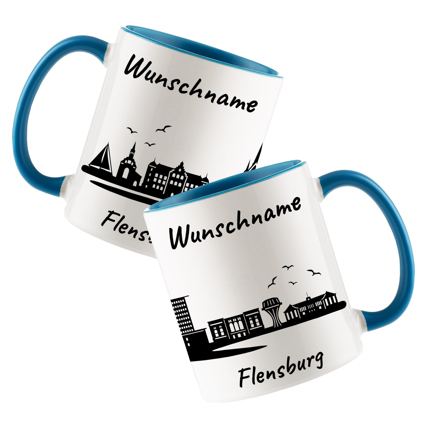 Tasse in Hellblau 330ml bedruckt mit der Skyline von Flensburg personalisierbar mit Wunschname