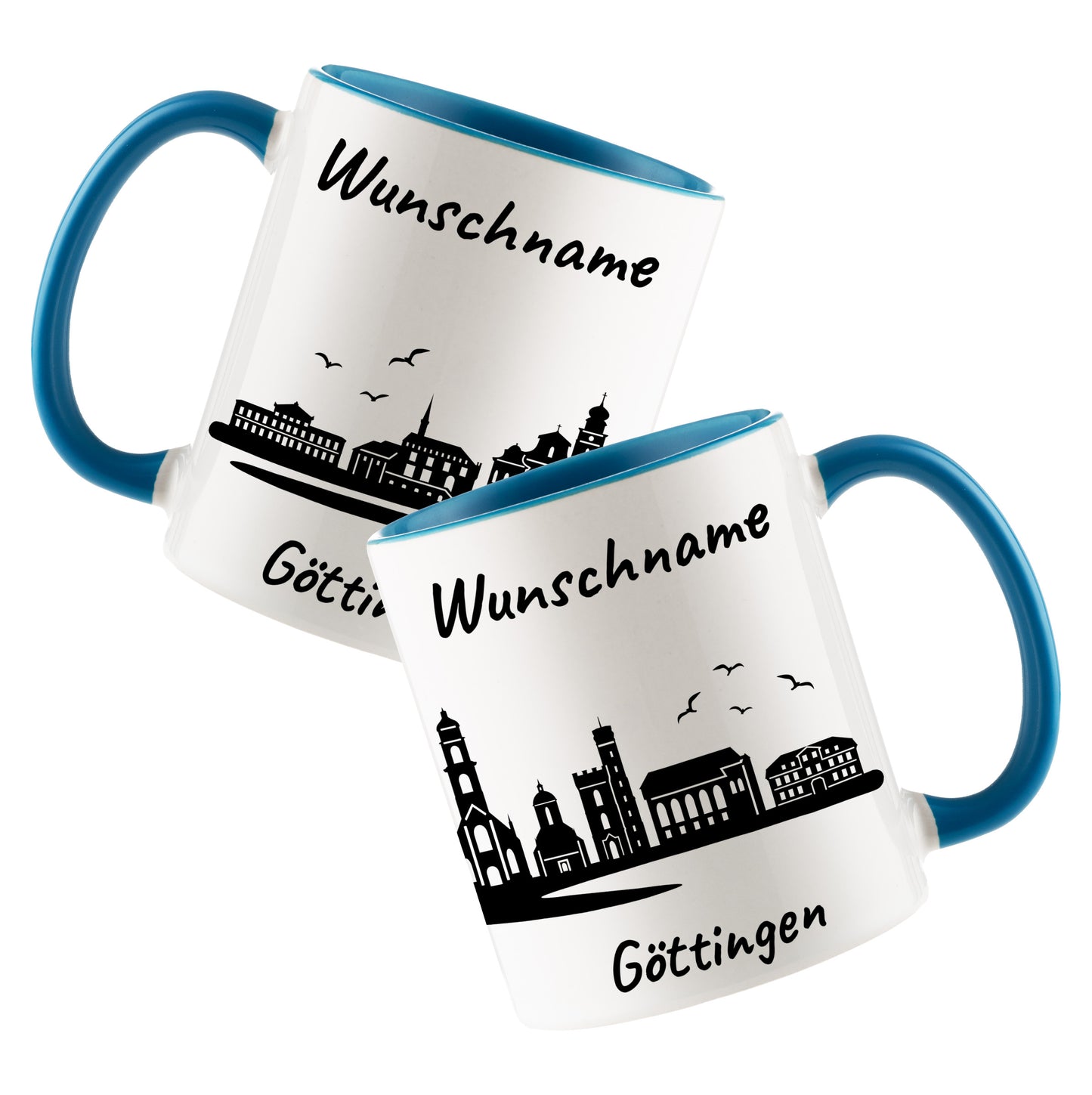Tasse in Hellblau 330ml bedruckt mit der Skyline von Göttingen personalisierbar mit Wunschname