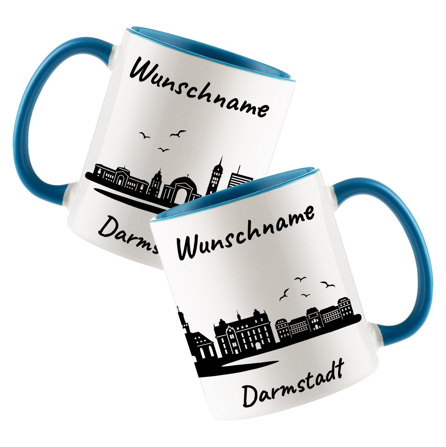 Tasse in Hellblau 330ml bedruckt mit der Skyline von Darmstadt personalisierbar mit Wunschname