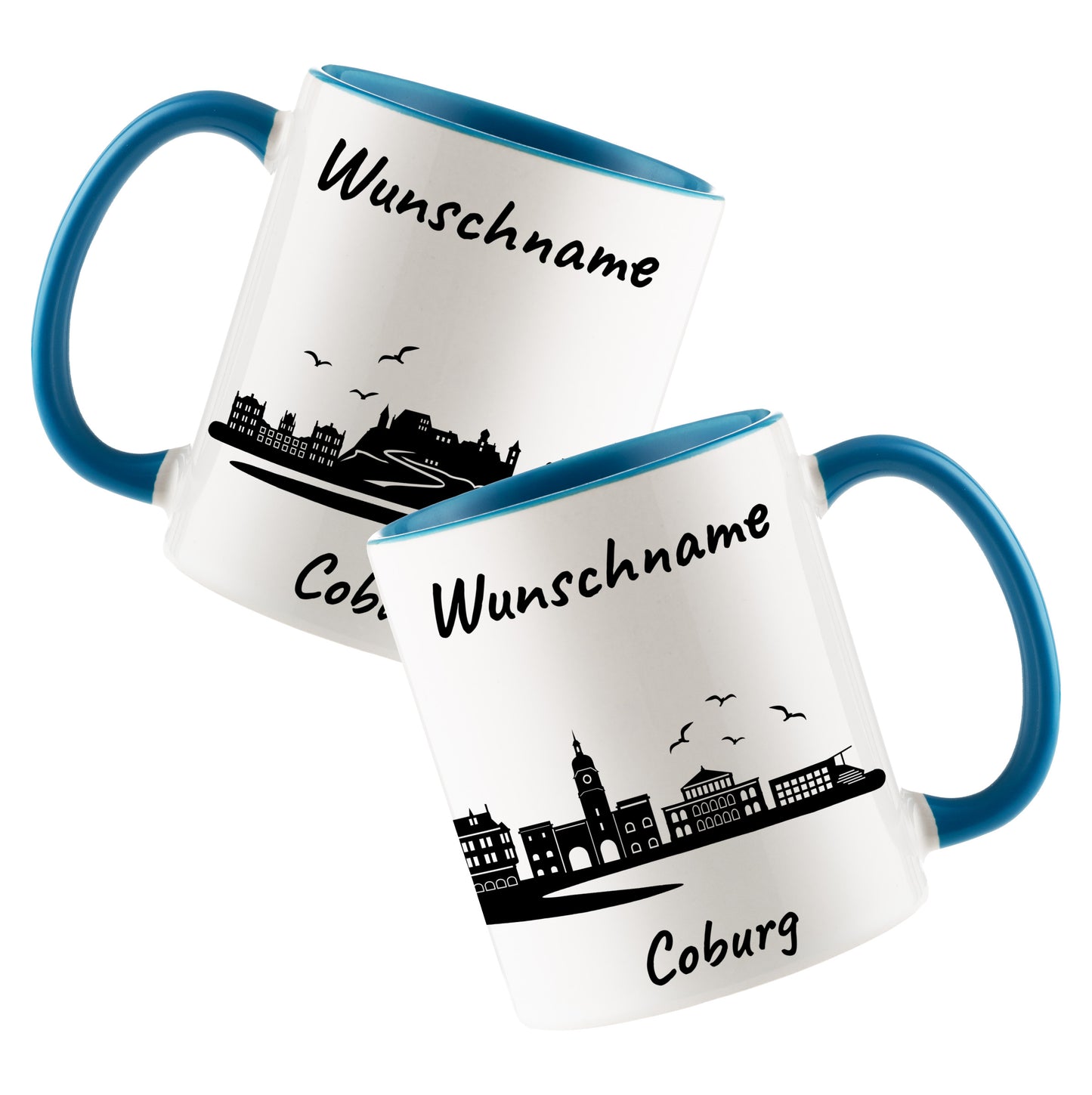 Tasse in Hellblau 330ml bedruckt mit der Skyline von Coburg personalisierbar mit Wunschname