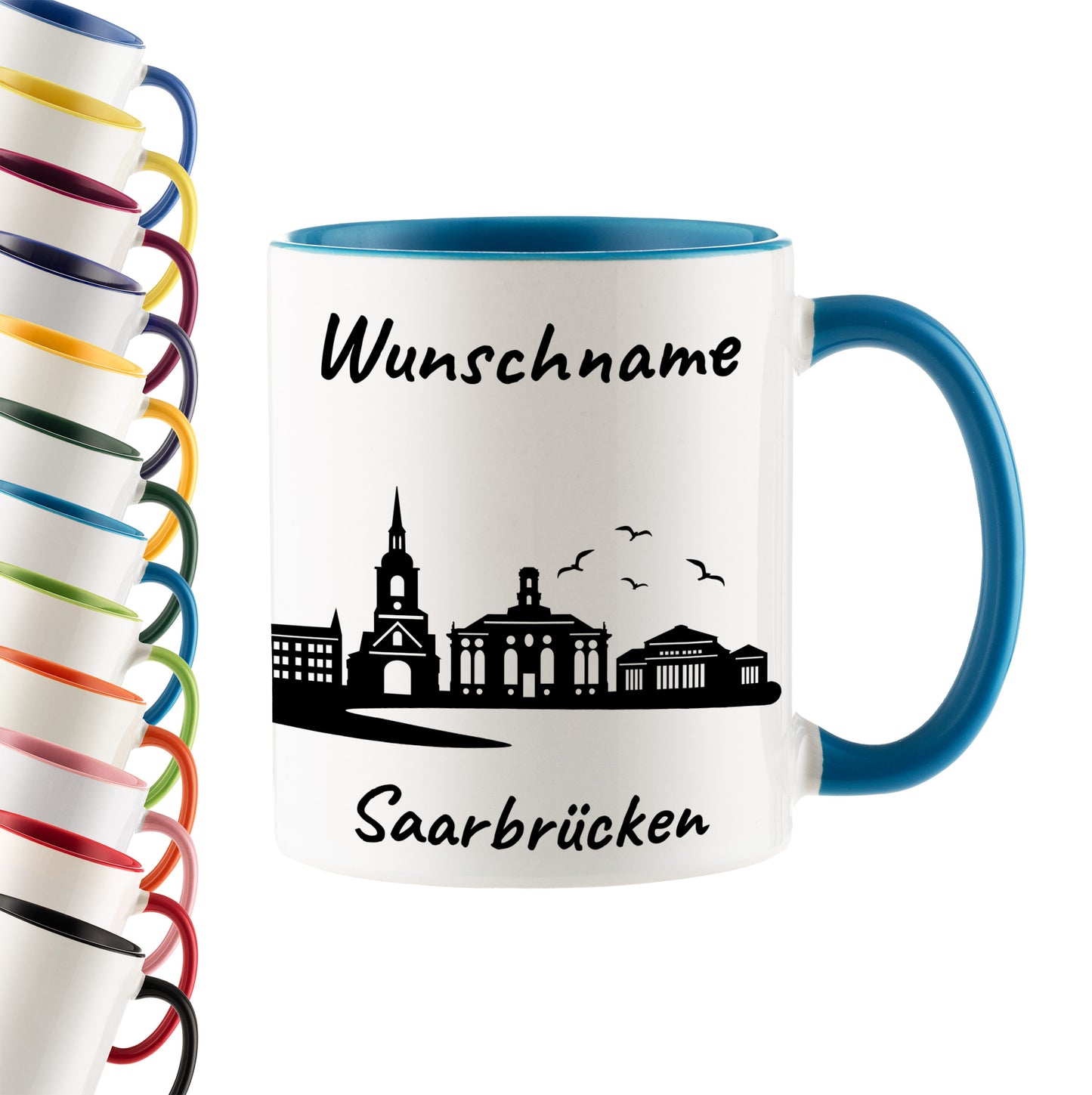 Tasse in Hellblau 330ml bedruckt mit der Skyline von Saarbrücken personalisierbar mit Wunschname