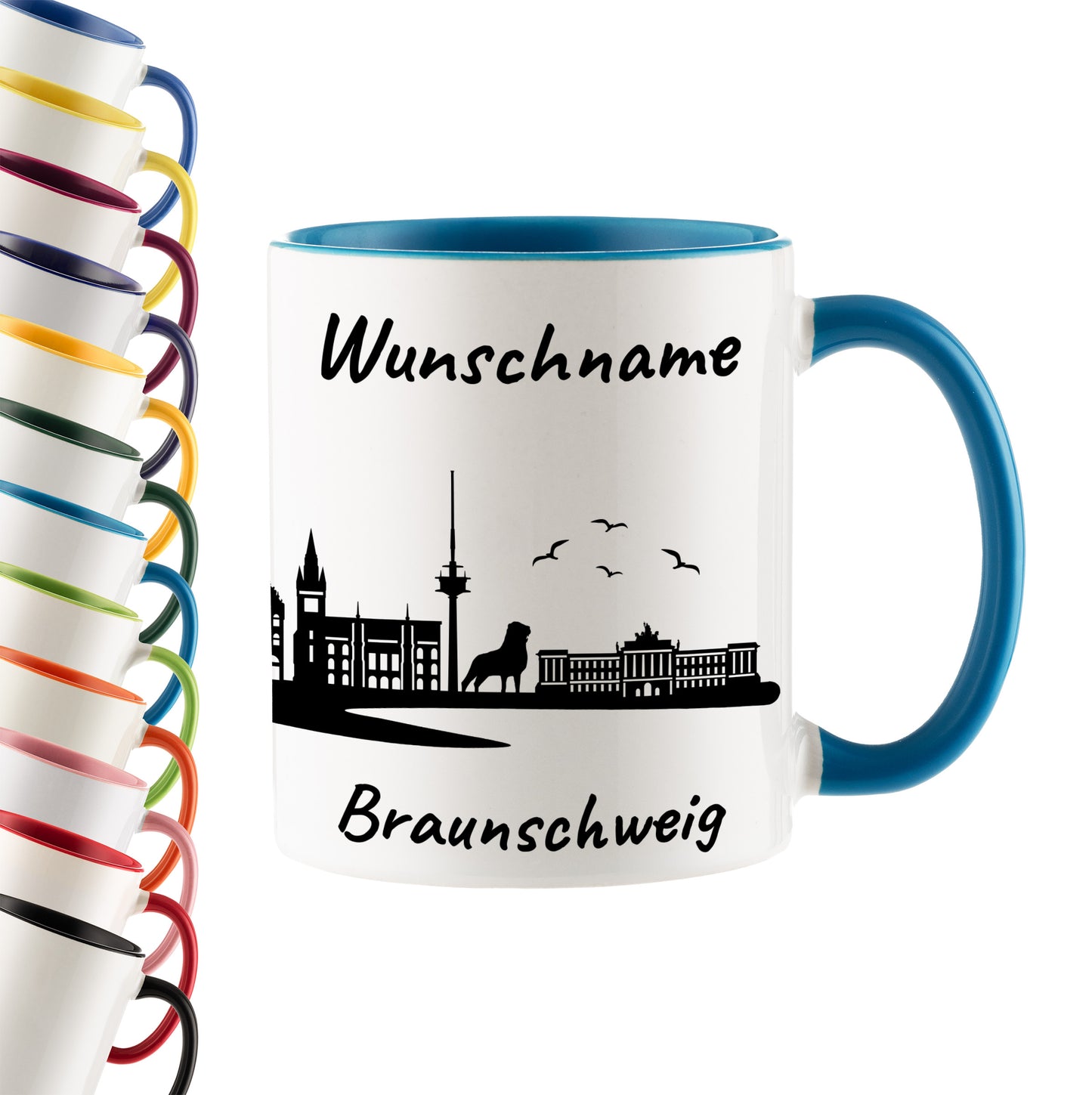 Tasse in Hellblau 330ml bedruckt mit der Skyline von Braunschweig personalisierbar mit Wunschname