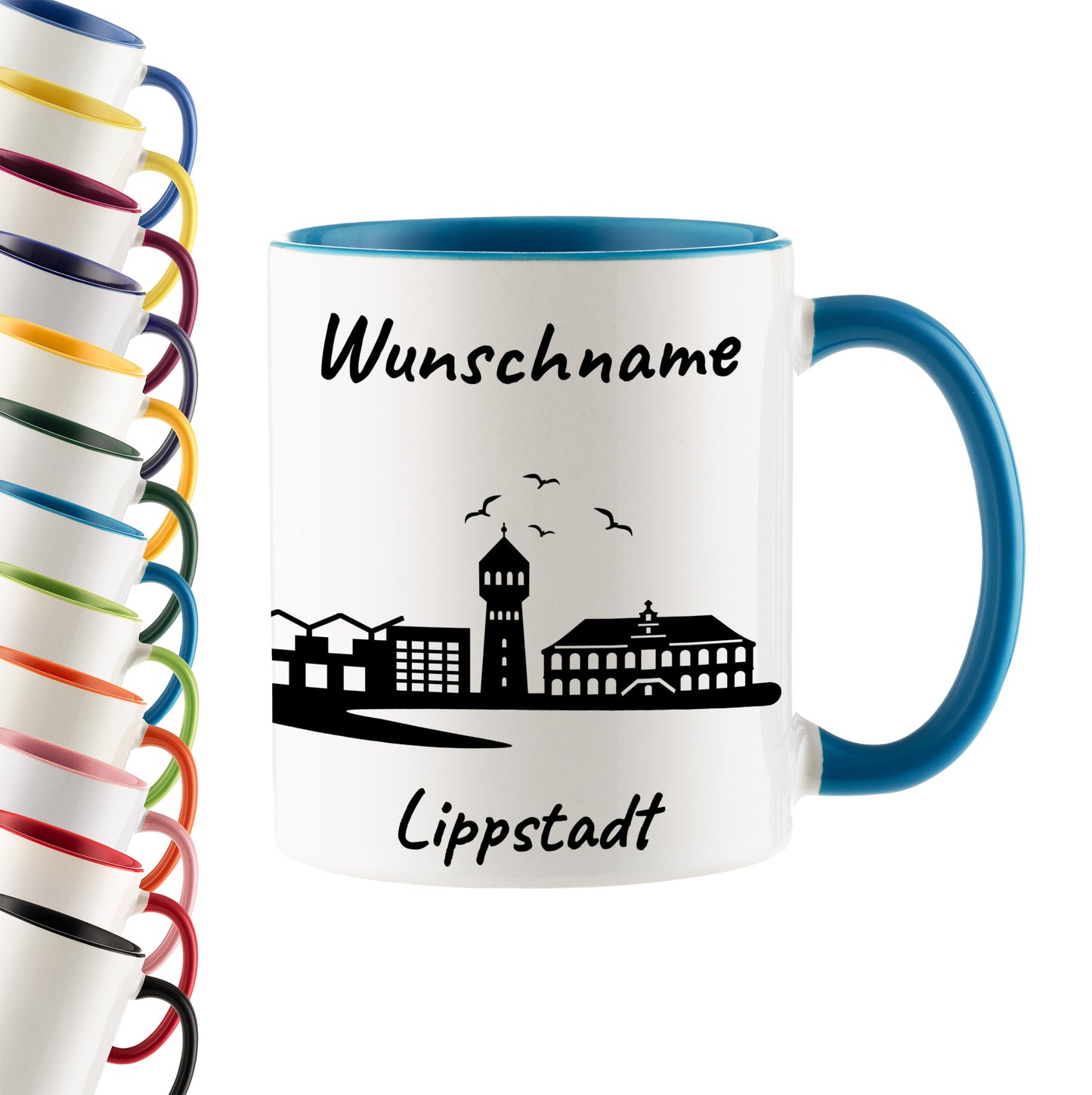 Tasse in Hellblau 330ml bedruckt mit der Skyline von Lippstadt personalisierbar mit Wunschname