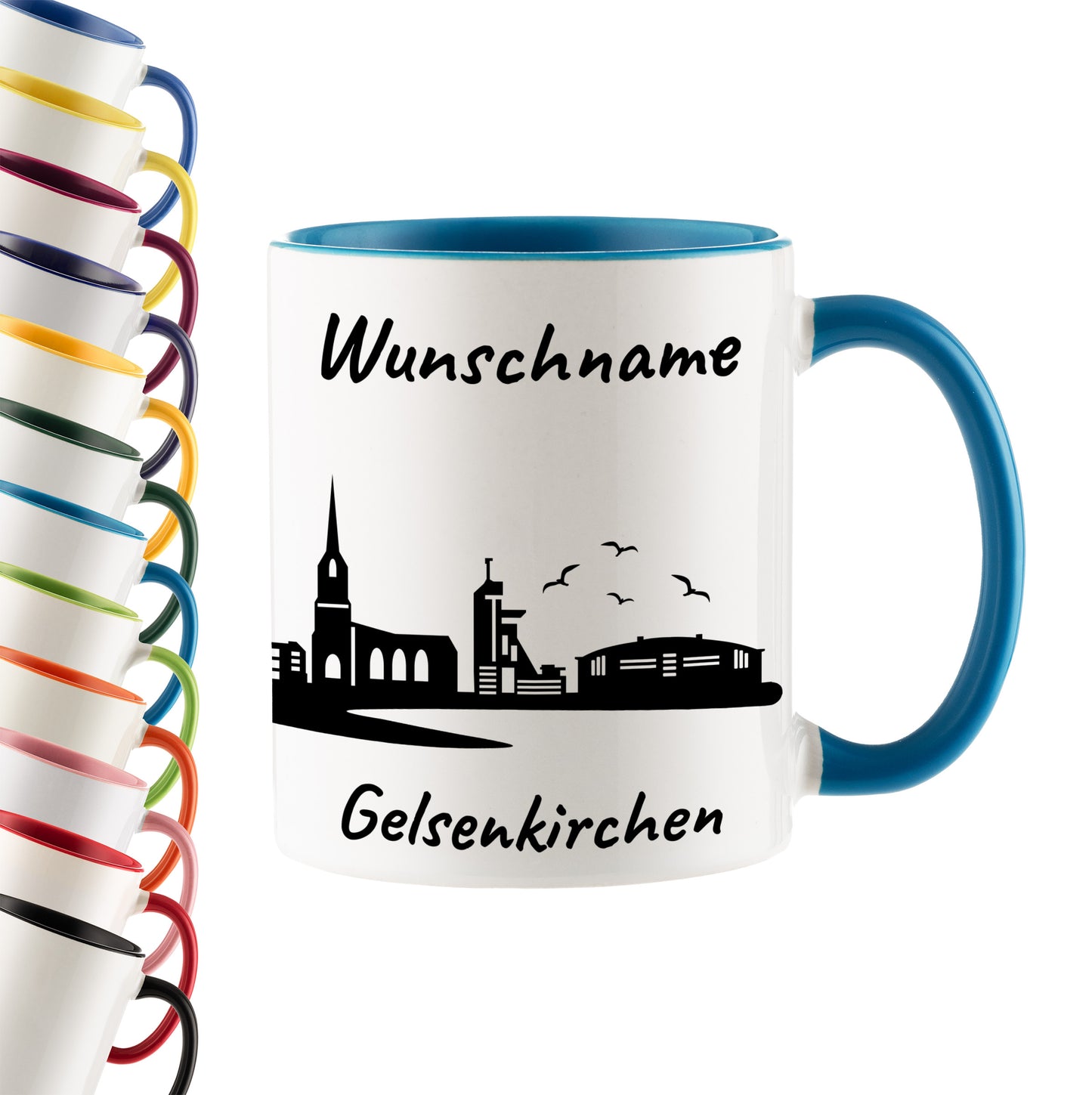 Tasse in Hellblau 330ml bedruckt mit der Skyline von Gelsenkirchen personalisierbar mit Wunschname