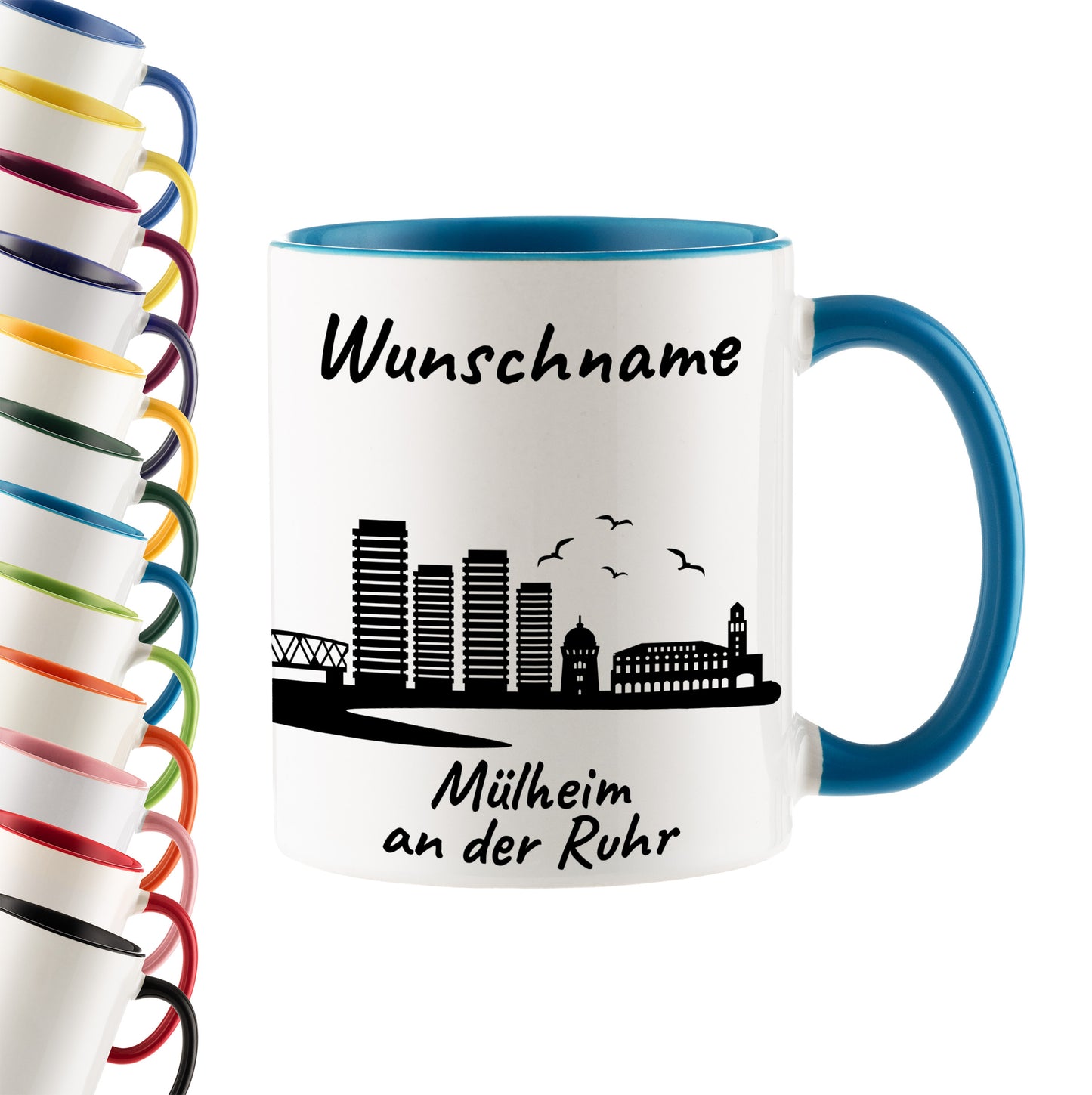 Tasse in Hellblau 330ml bedruckt mit der Skyline von Mülheim an der Ruhr personalisierbar mit Wunschname