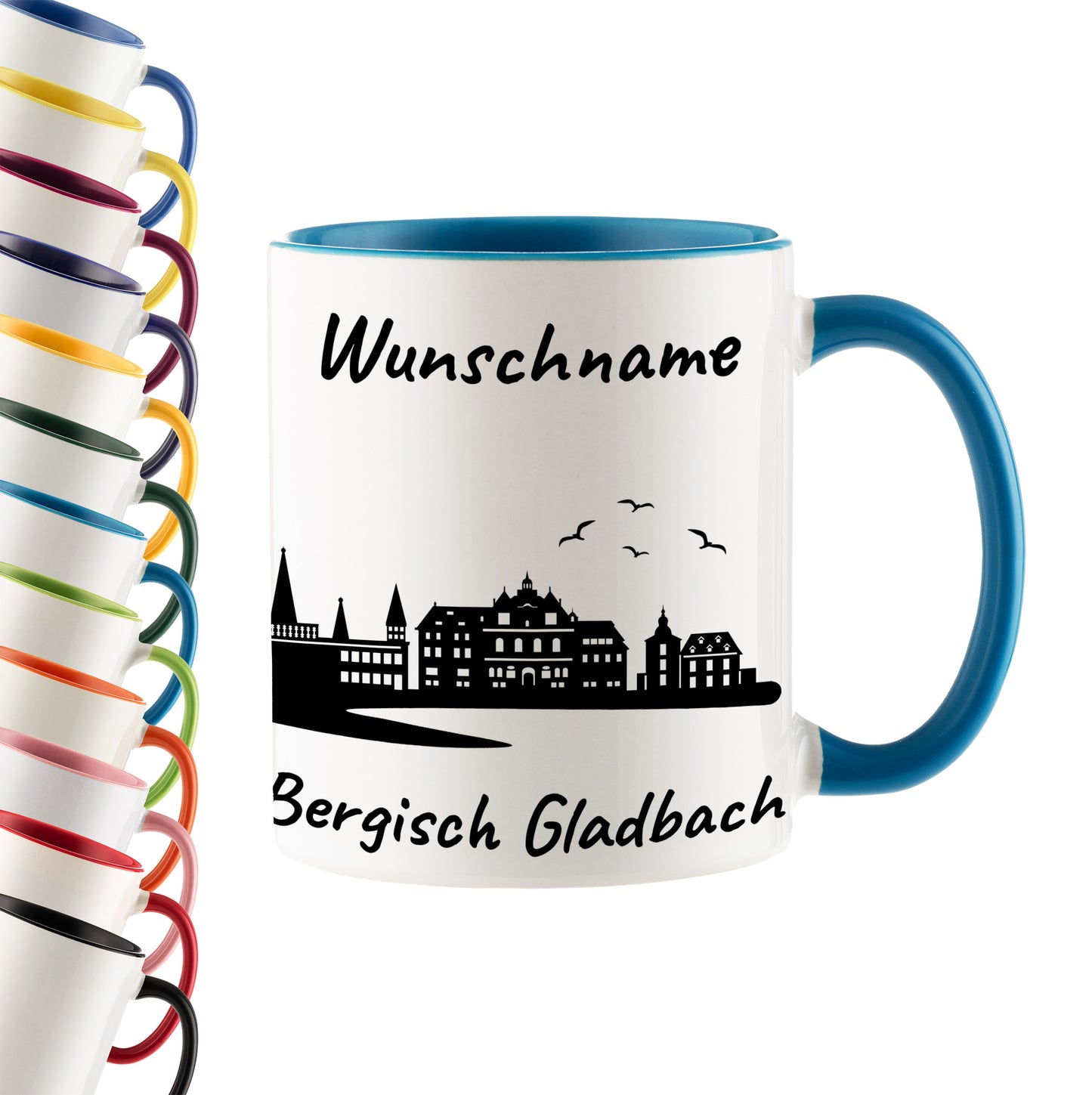 Tasse in Hellblau 330ml bedruckt mit der Skyline von Bergisch Gladbach personalisierbar mit Wunschname