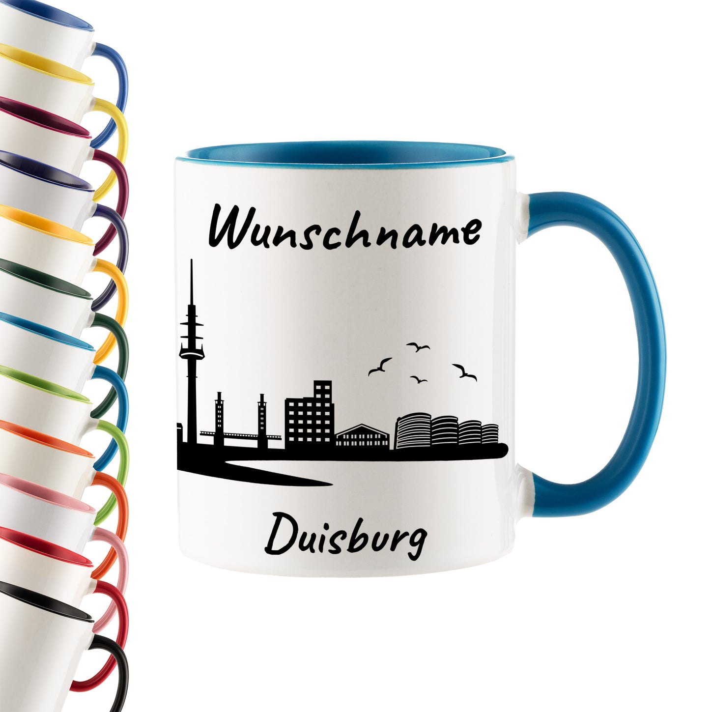 Tasse in Hellblau 330ml bedruckt mit der Skyline von Duisburg personalisierbar mit Wunschname