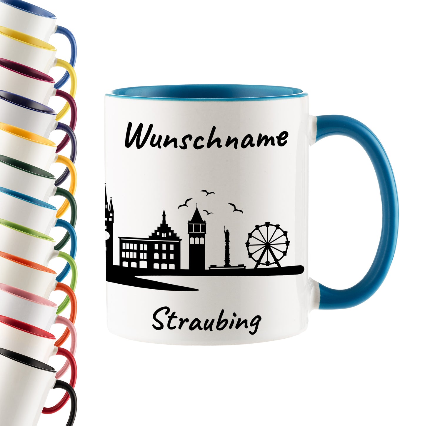 Tasse in Hellblau 330ml bedruckt mit der Skyline von Straubing personalisierbar mit Wunschname